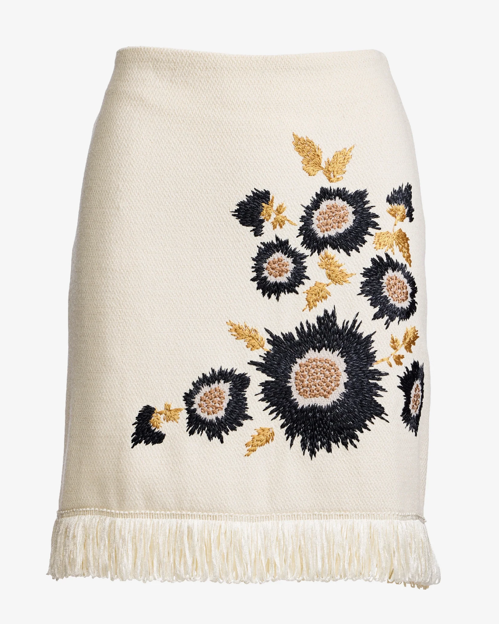 Floral Embroidered Raffia Fringe Mini Skirt Black/Ecru