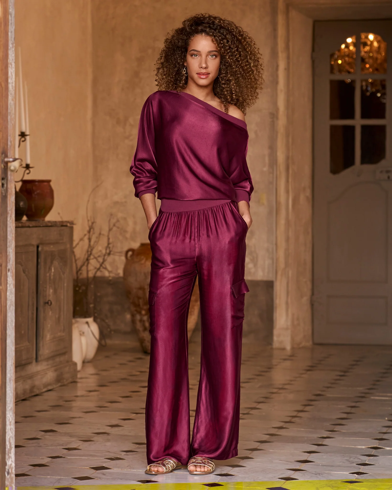 Slouchy Charmeuse Cargo Lounge Set Maroon