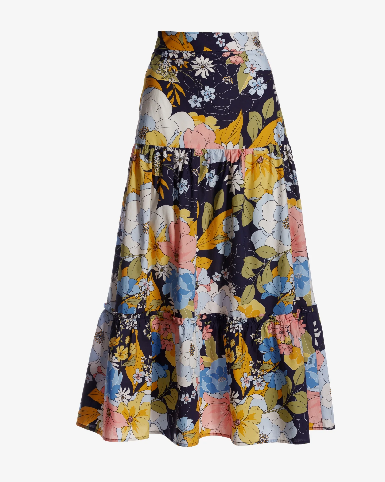 Nantucket Fleurs Print Poplin Midi Skirt Navy