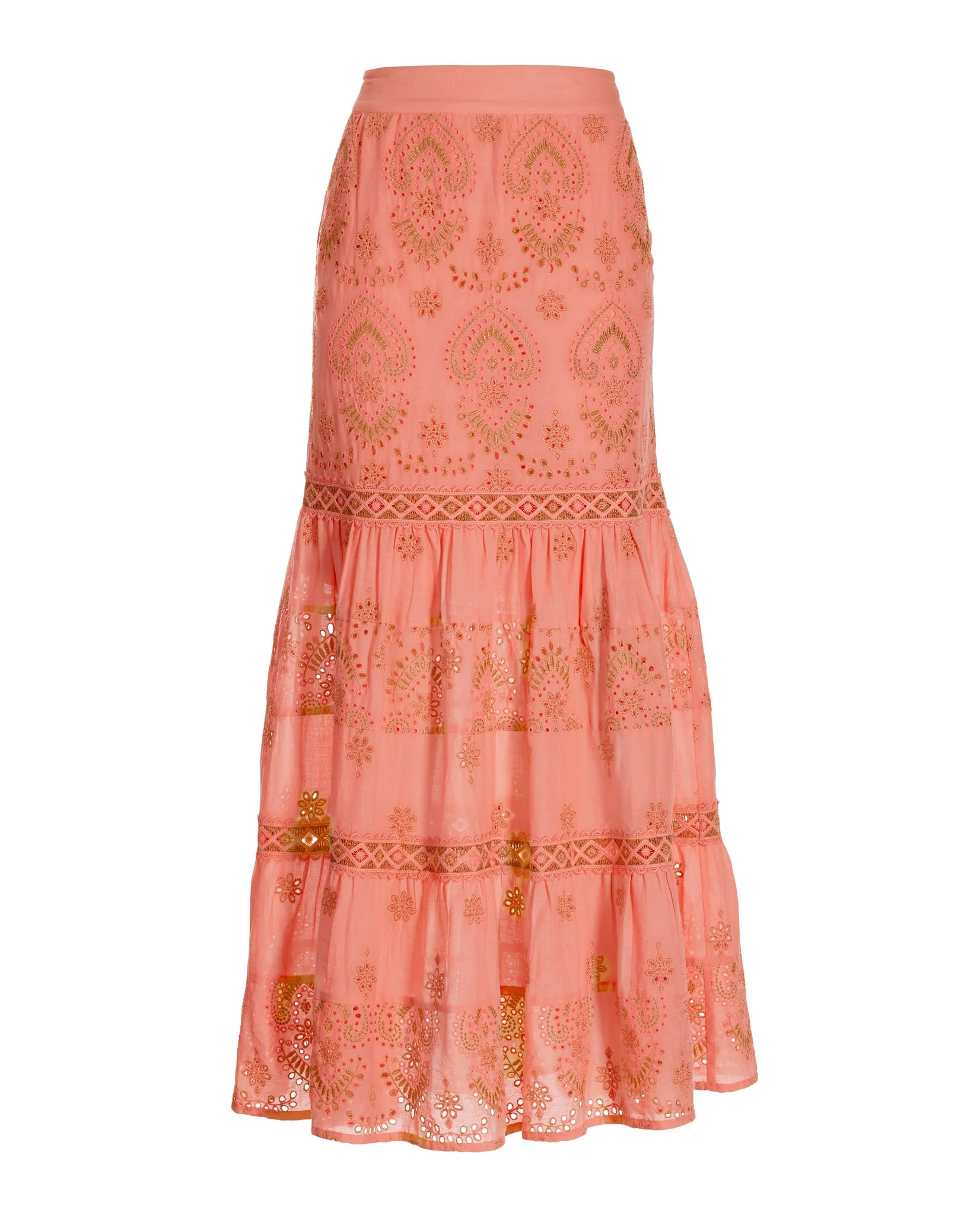 Metallic Embroidered Eyelet Maxi Skirt Coral/Gold