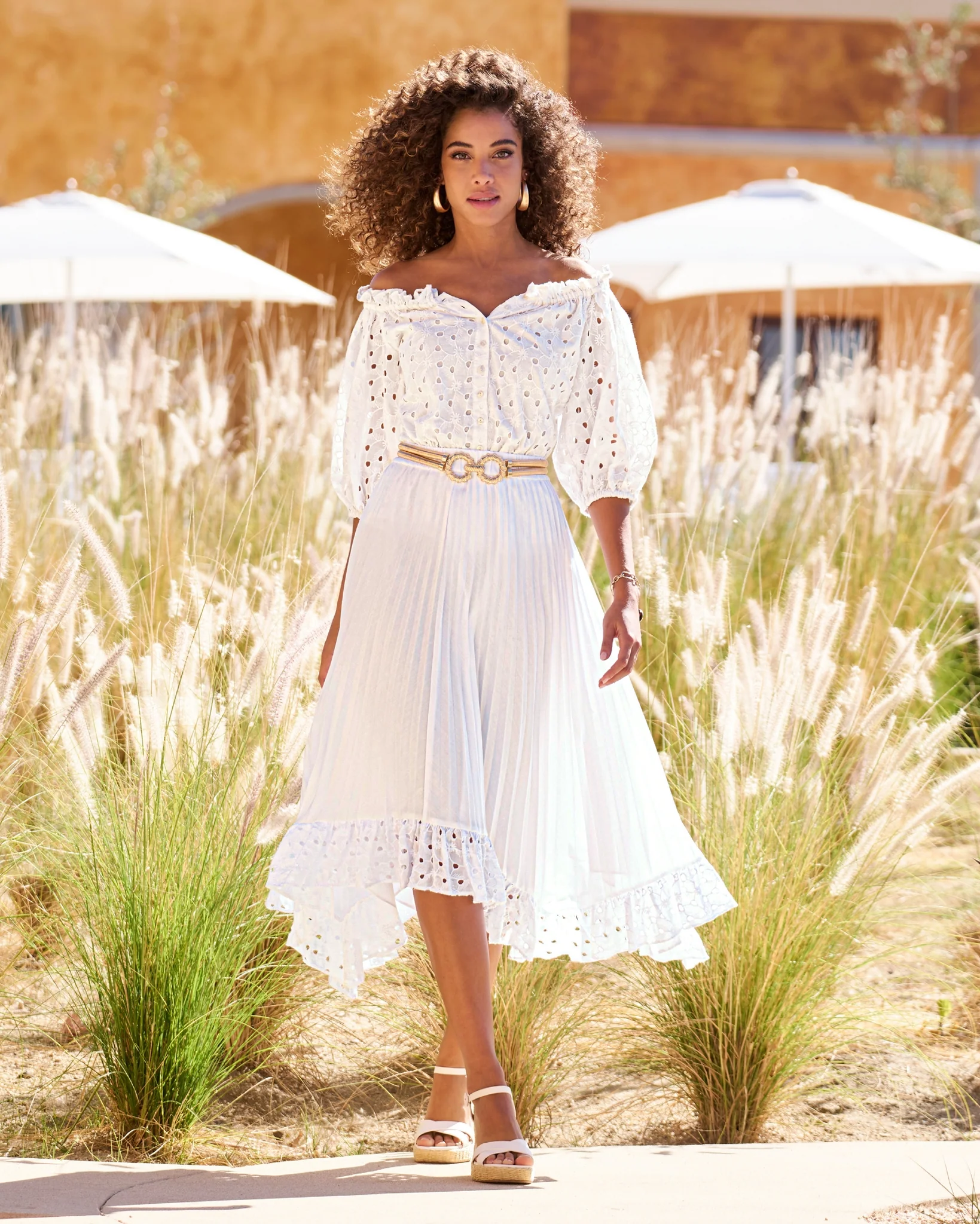 Pleated Eyelet Hem Midi Skirt Pure White