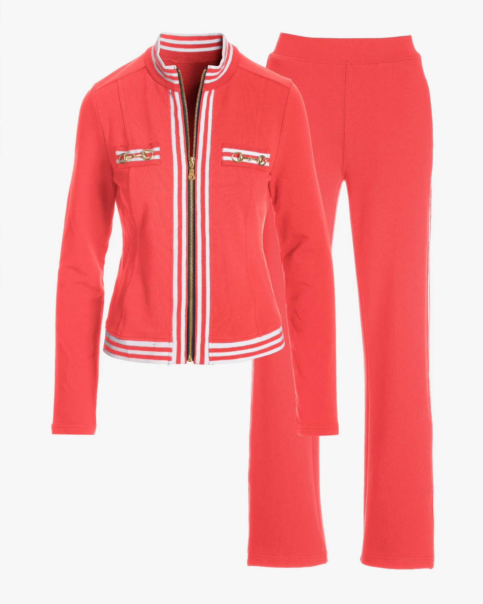 Striped French Terry Hardware Full Length Pant Set Cayenne