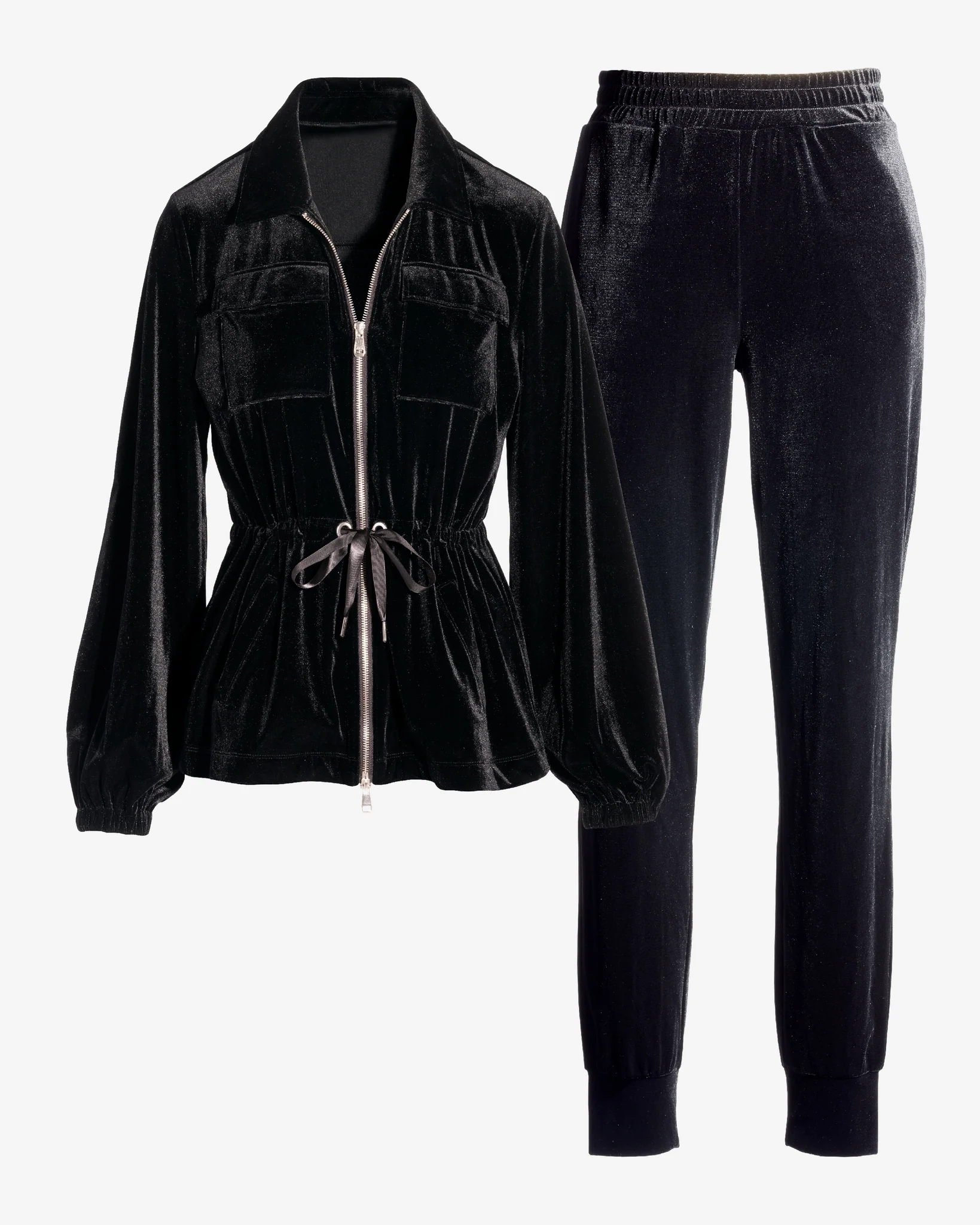 Chic Velour Drawstring Jacket and Jogger Set Black