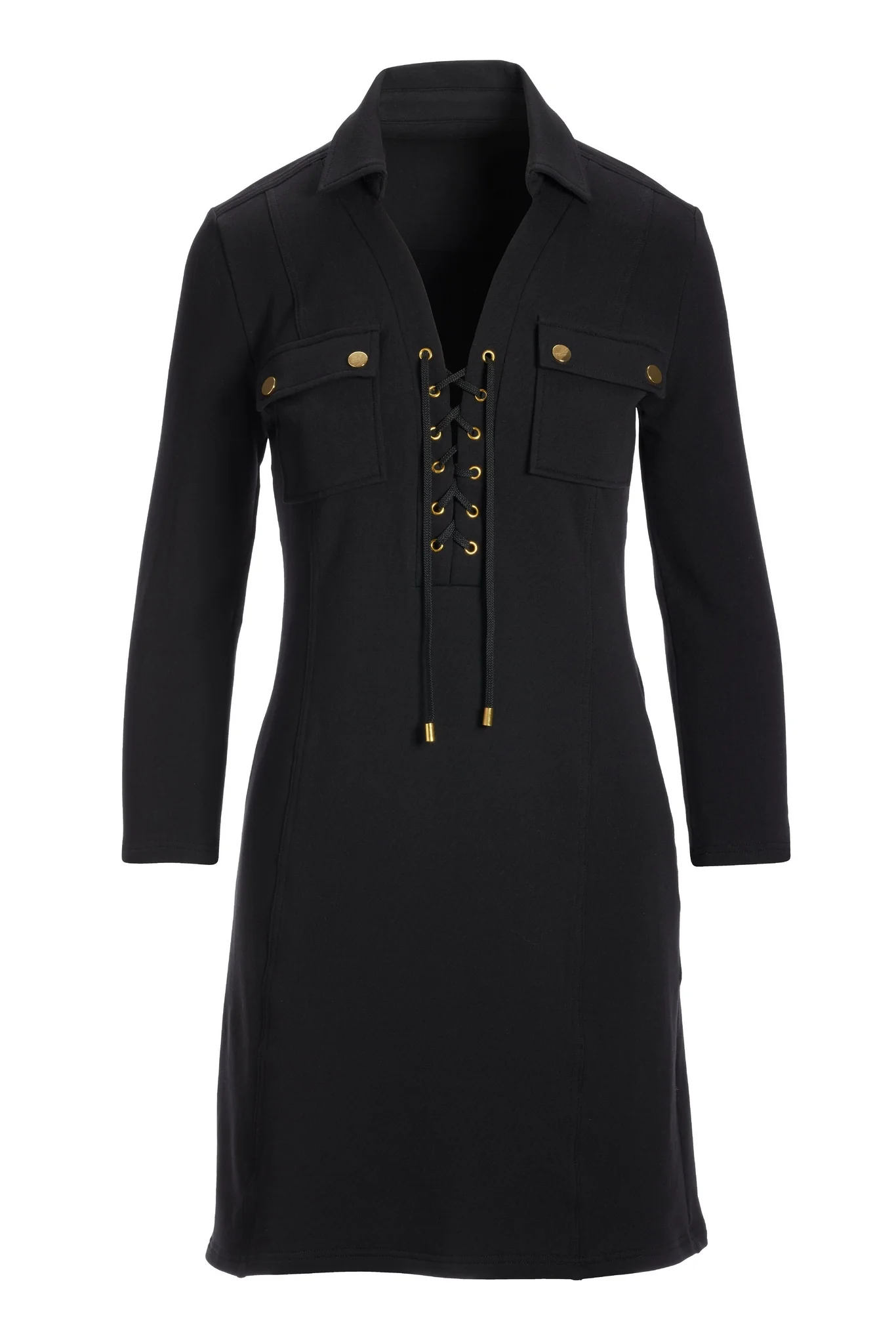 Collared Lace Up French Terry Dress Black