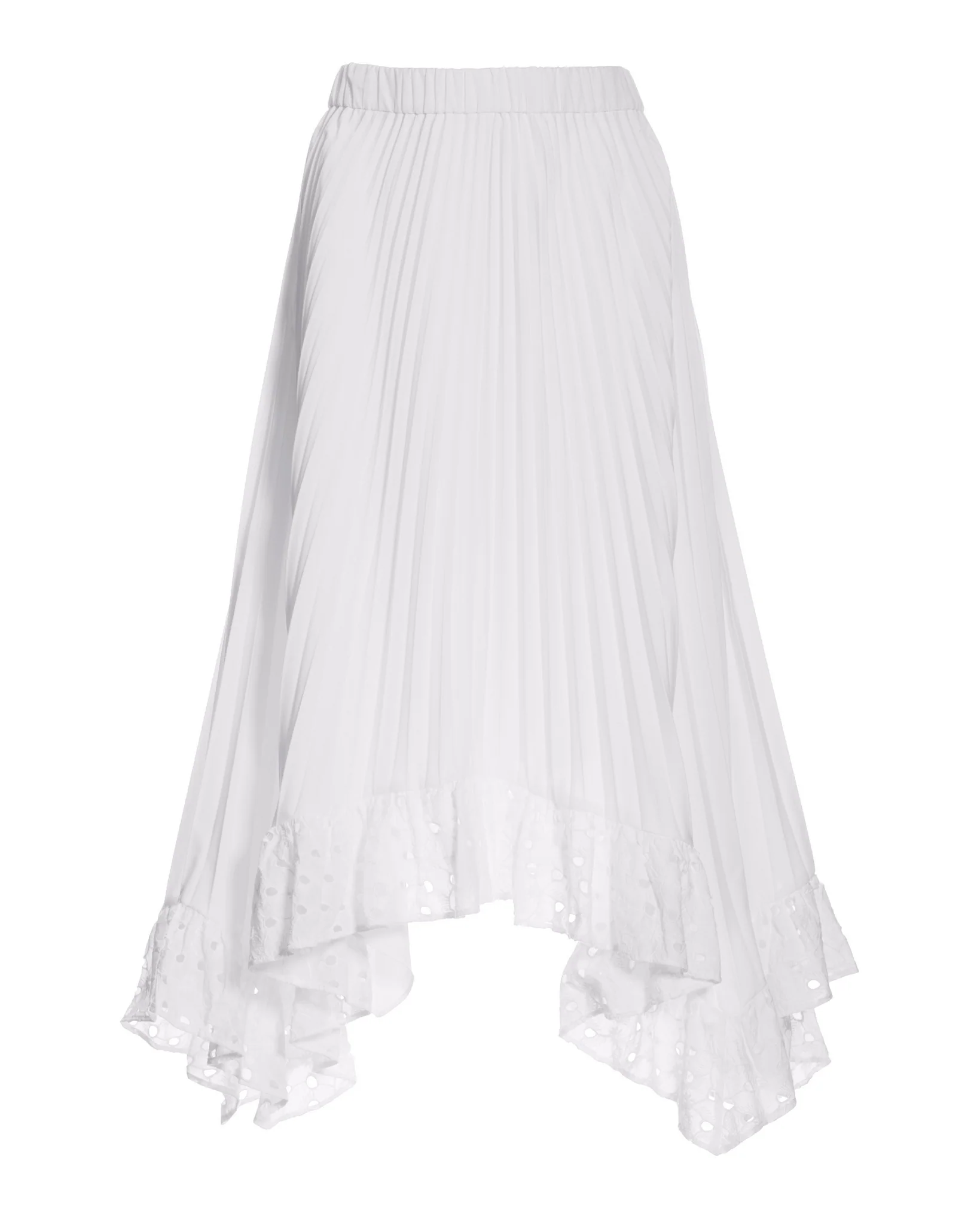 Pleated Eyelet Hem Midi Skirt Pure White