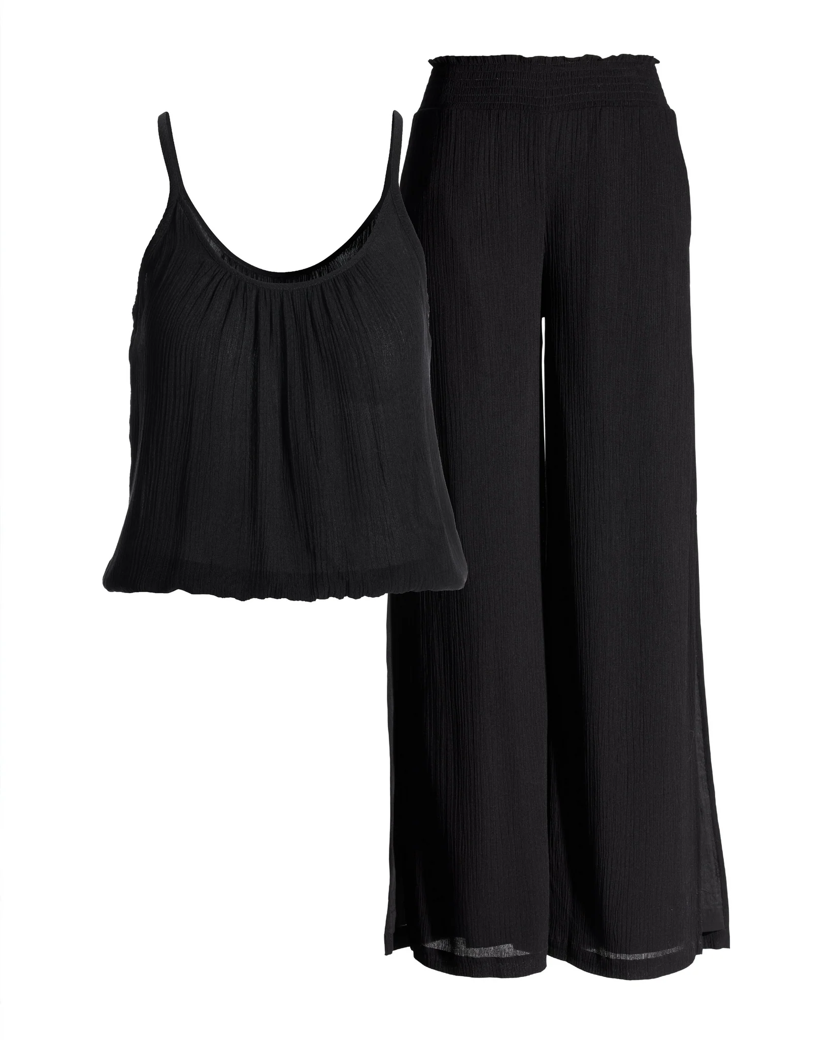 Gauze Blouson Top and Wide Leg Lounge Set Proper Black