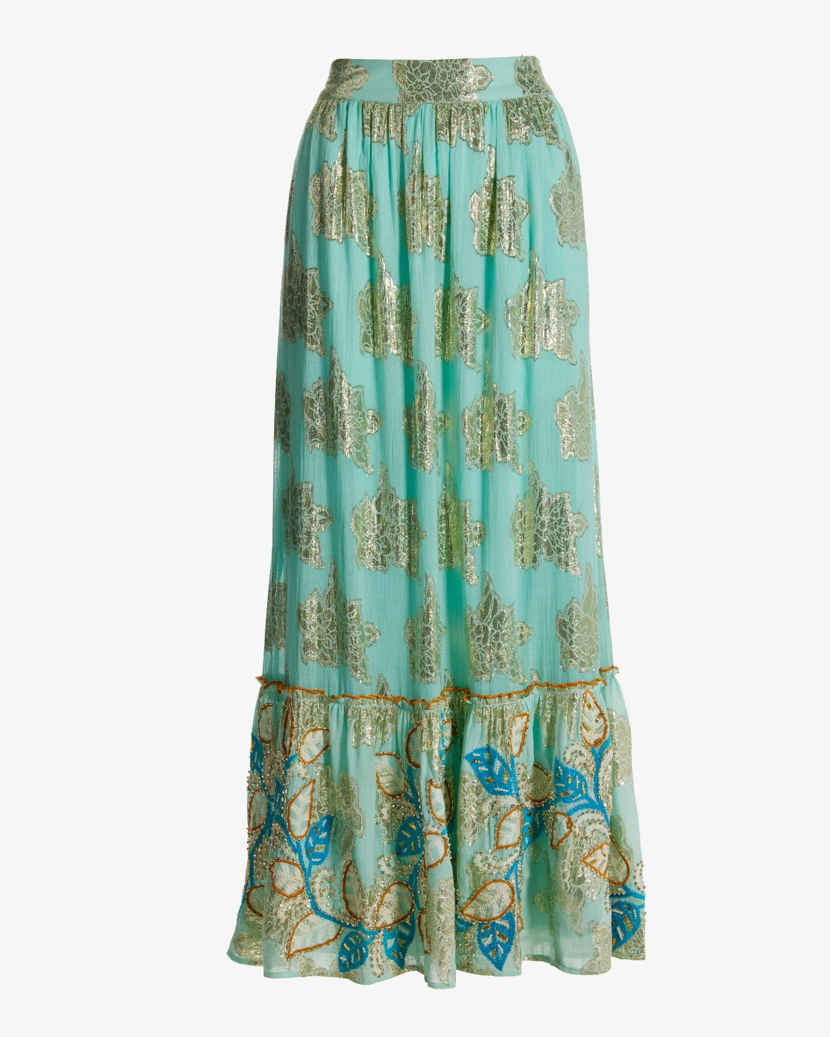 Embroidered Gold Metallic Maxi Skirt Light Blue Multi