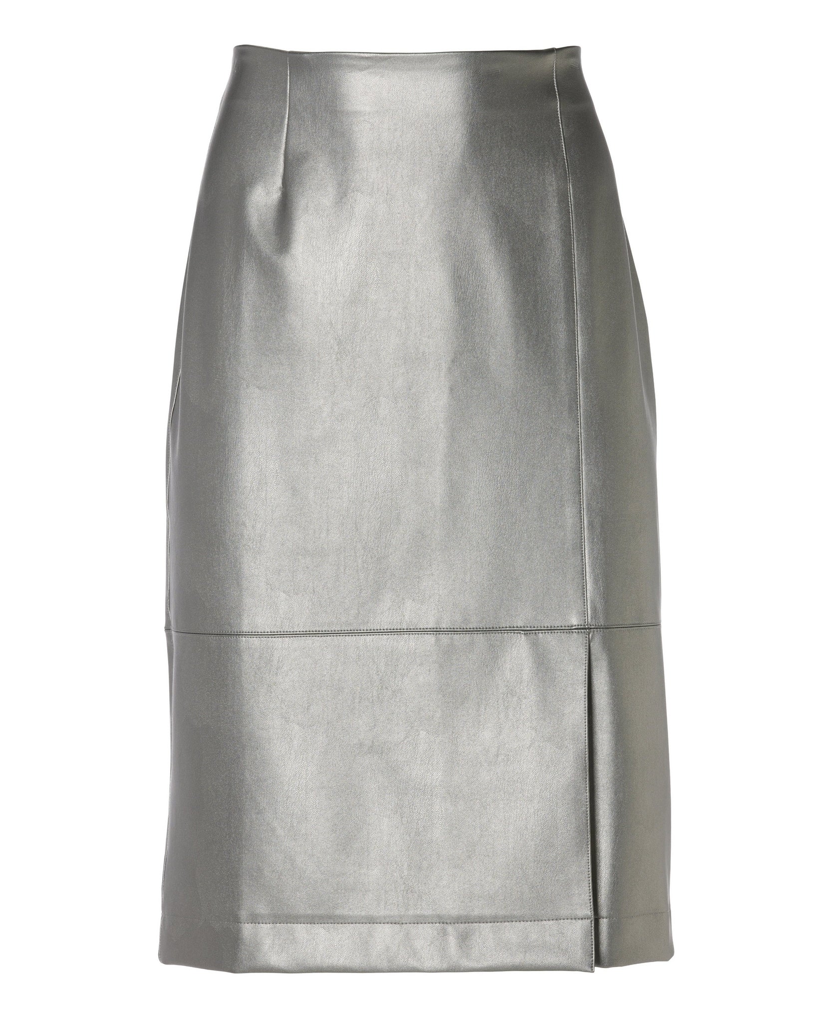 Metallic Faux Leather Front Slit Skirt Silver