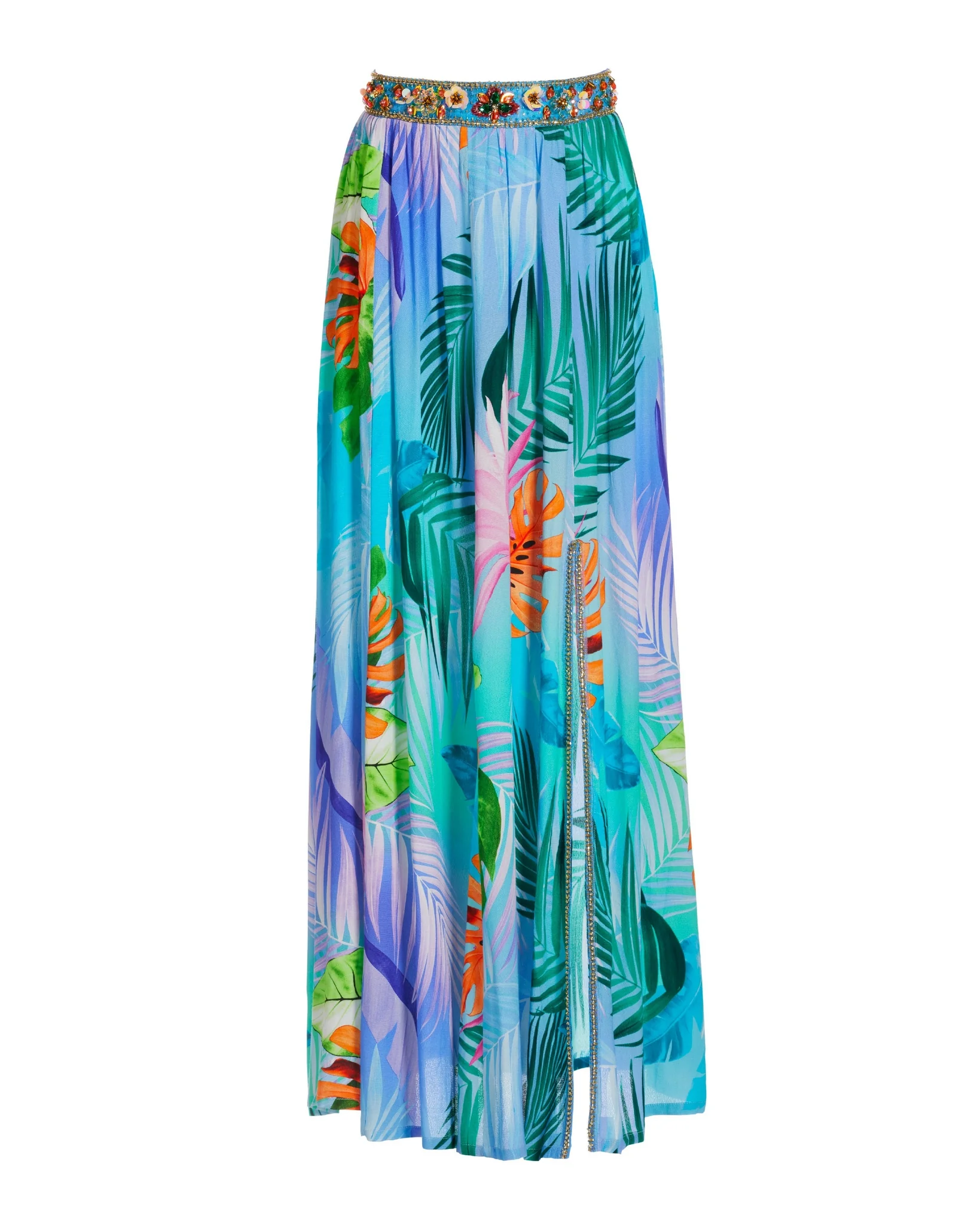 Tropical Summer Leaves Embellished Waist Midi Skirt Blue Multi