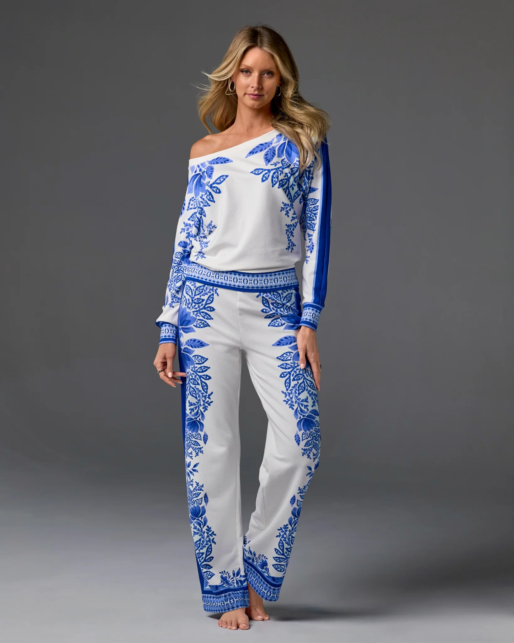 Printed Slouchy Lounge Set Blue/White