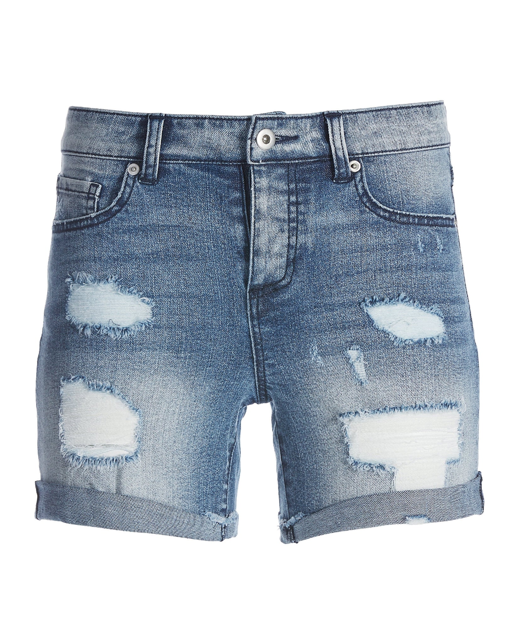 Distressed Rolled Cuff Denim Short Medium Wash