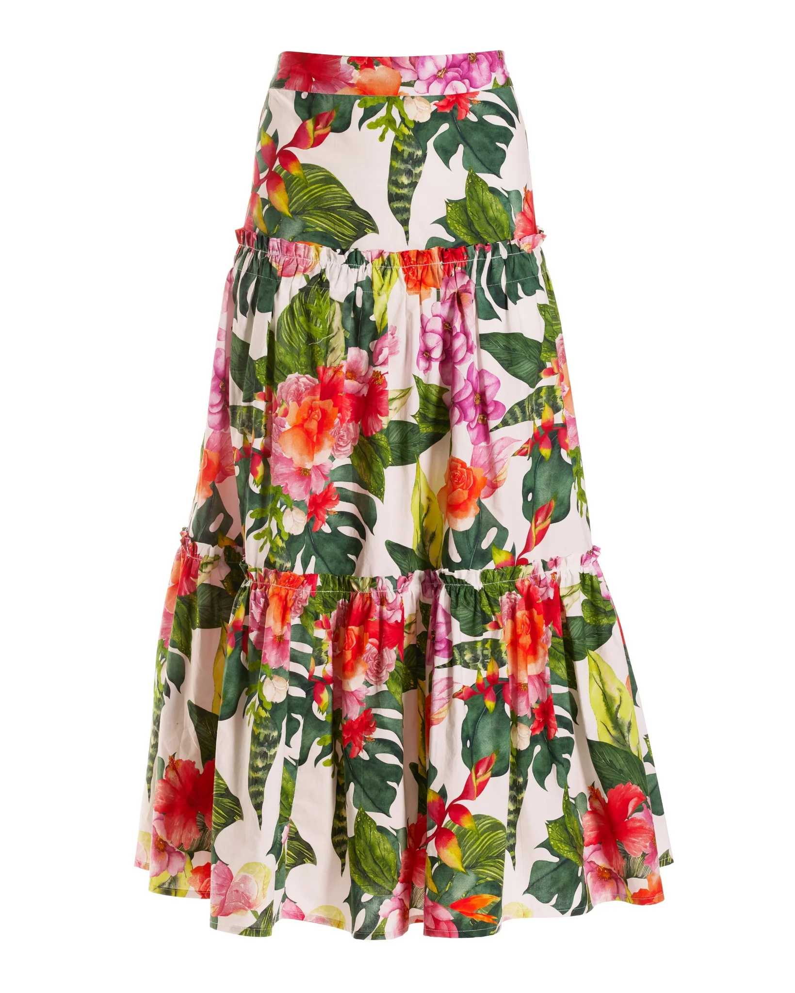 Tropical Oasis Tiered Poplin Midi Skirt Pink/Green