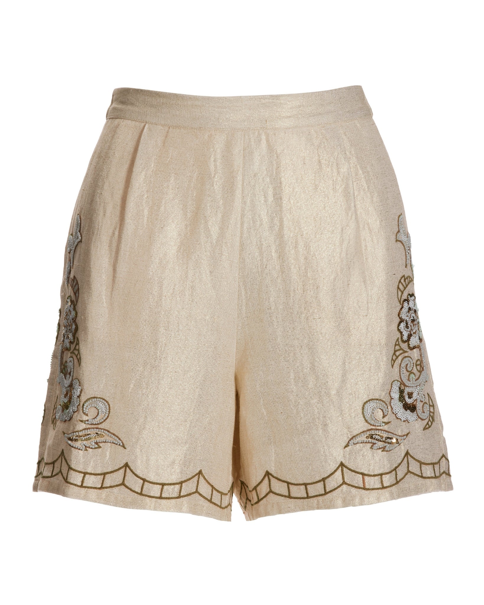 Gold Shimmer Beaded and Embroidered Trouser Short Tan/White