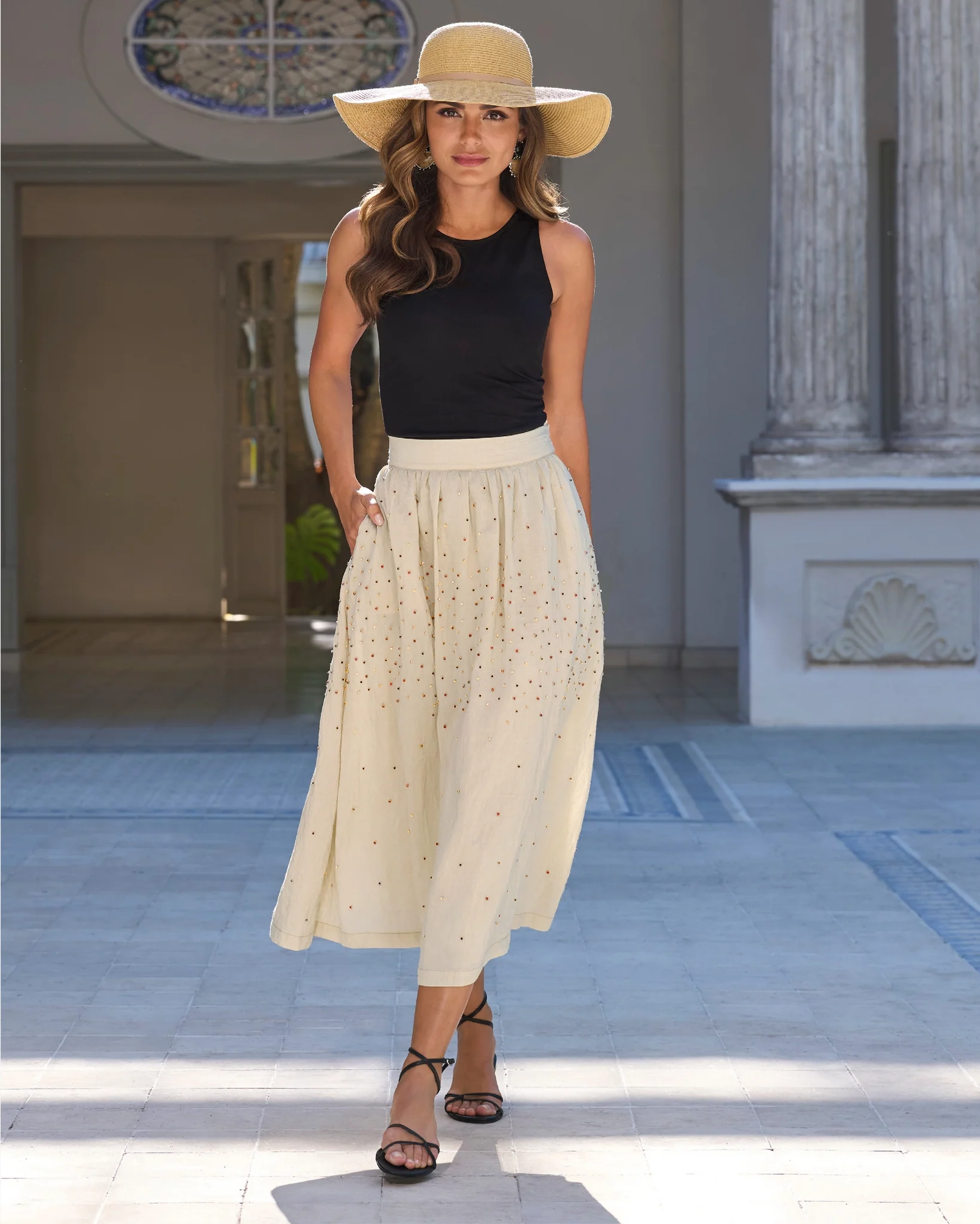 Crystal Embellished Midi Skirt Tan