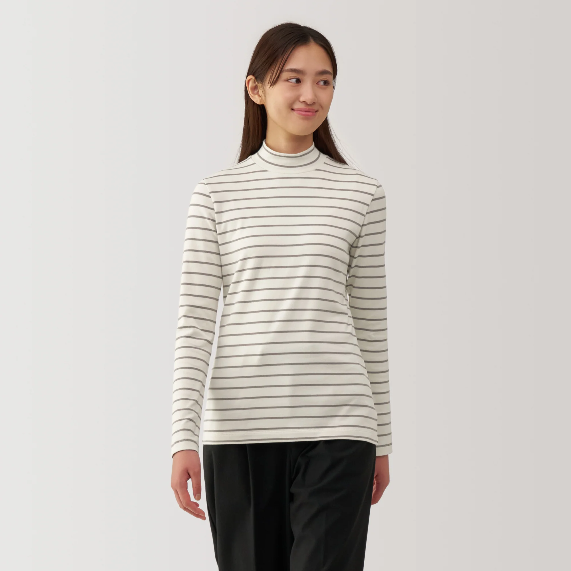Women's Brushed Ribbed High Neck Long Sleeve Striped T-Shirt
