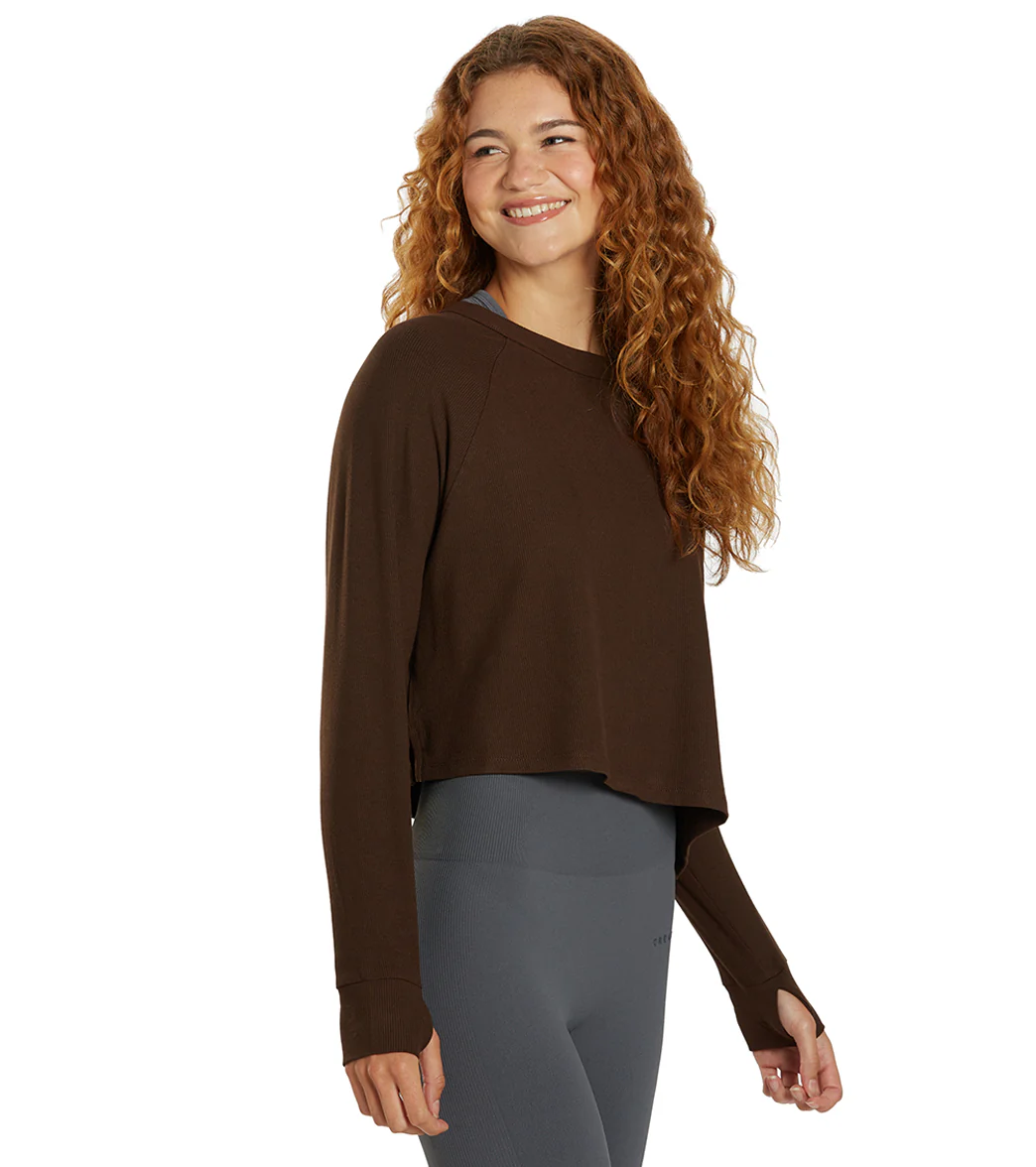 Cream Yoga Fare Drop Shoulder Crop LS Tee