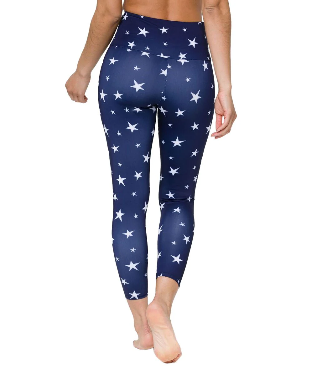 Onzie High Waisted Basic 7/8 Yoga Leggings Marine Navy Stars