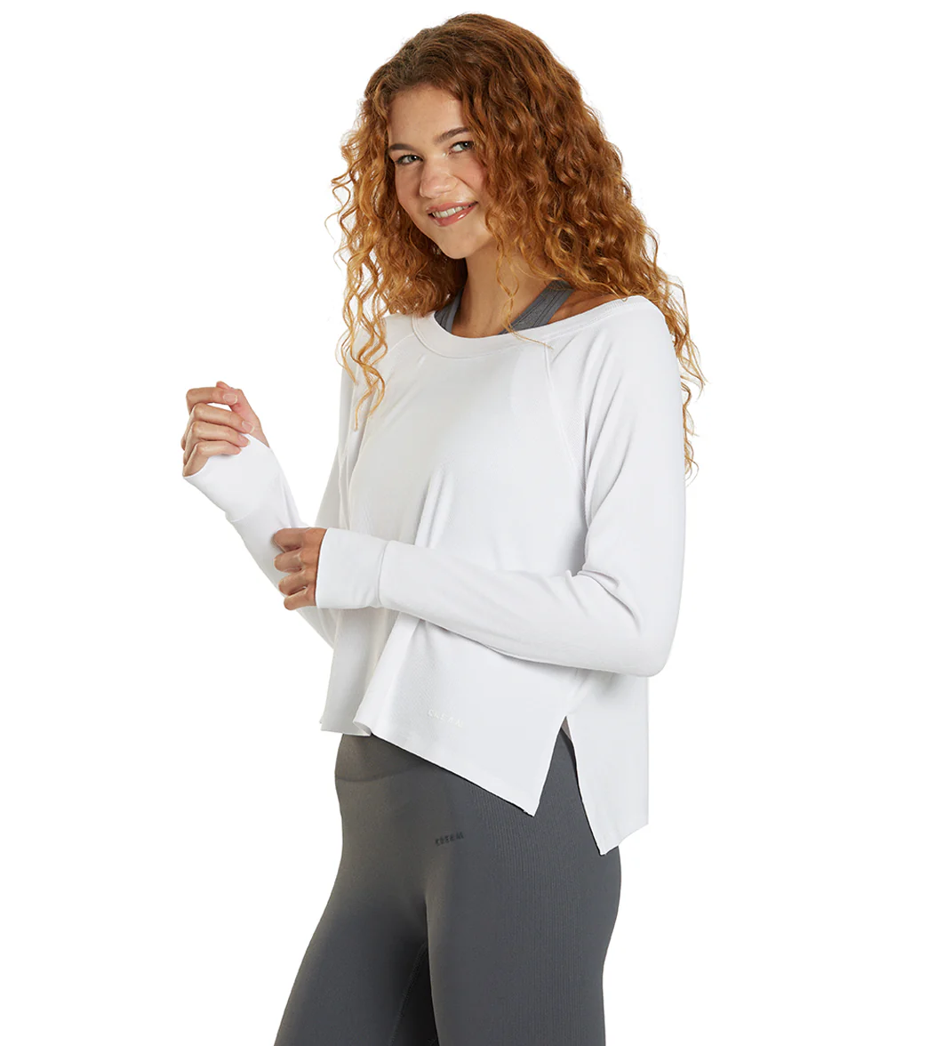 Cream Yoga Fare Drop Shoulder Crop LS Tee