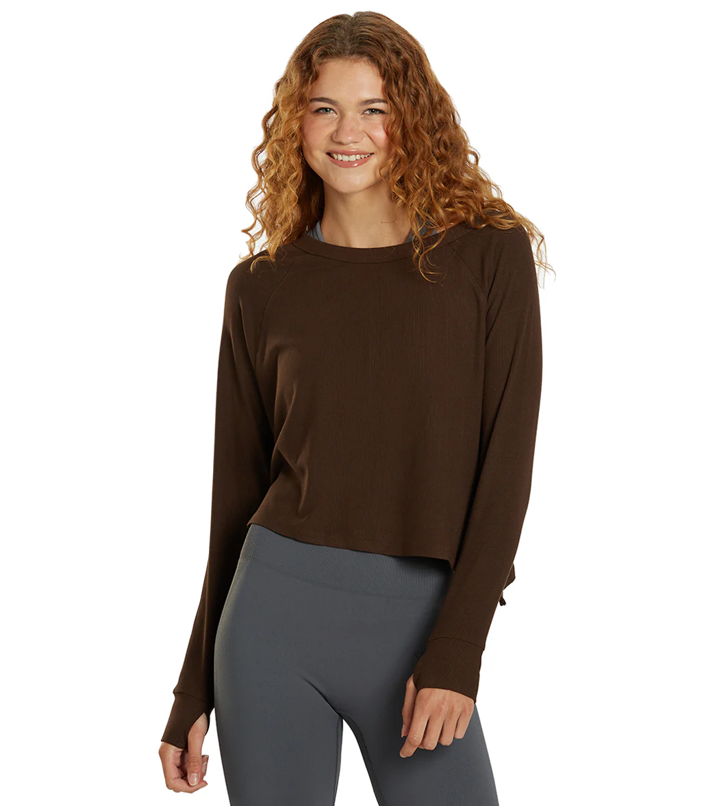 Cream Yoga Fare Drop Shoulder Crop LS Tee