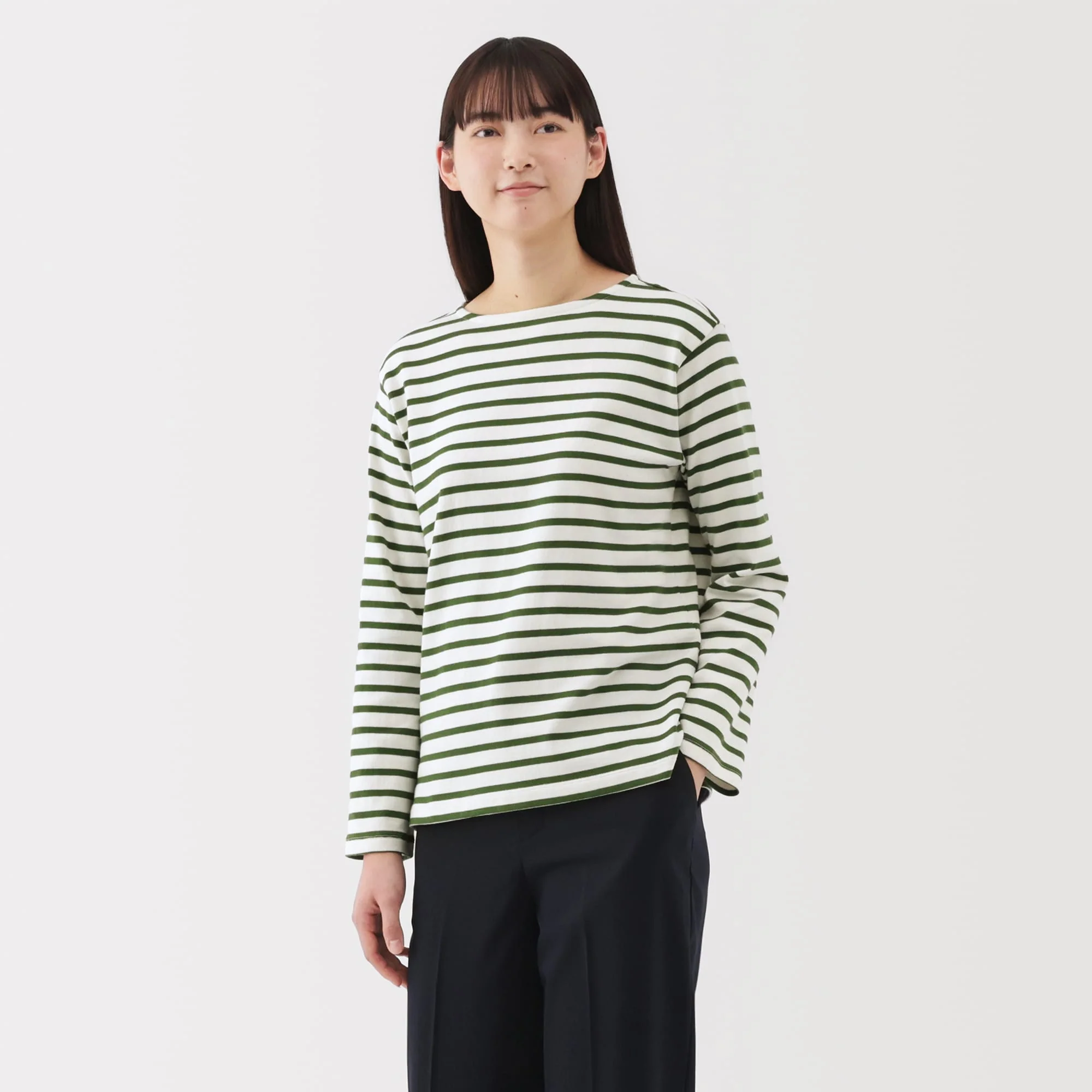 Women's Heavy Weight Boat Neck Long Sleeve Striped T-Shirt