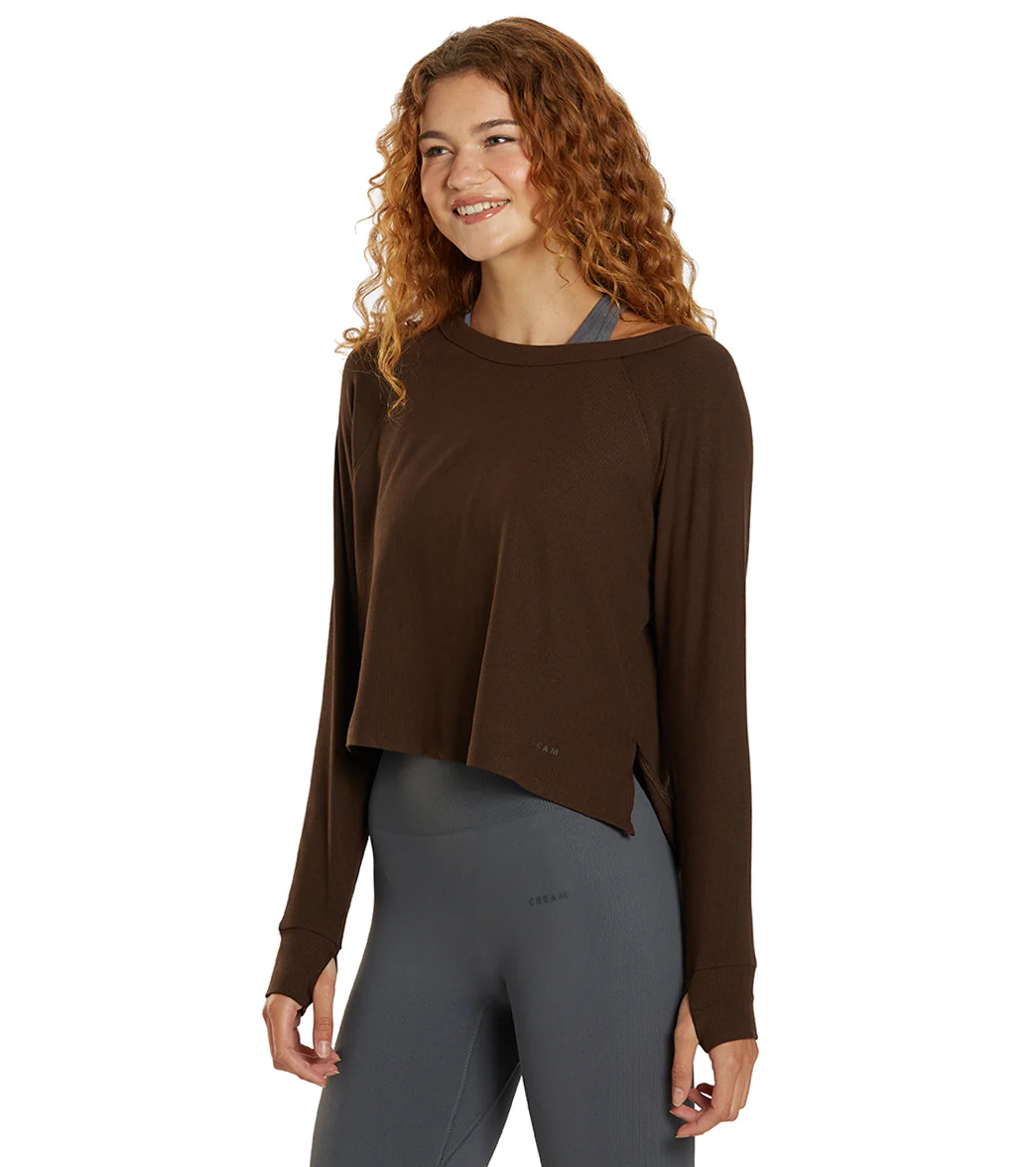 Cream Yoga Fare Drop Shoulder Crop LS Tee