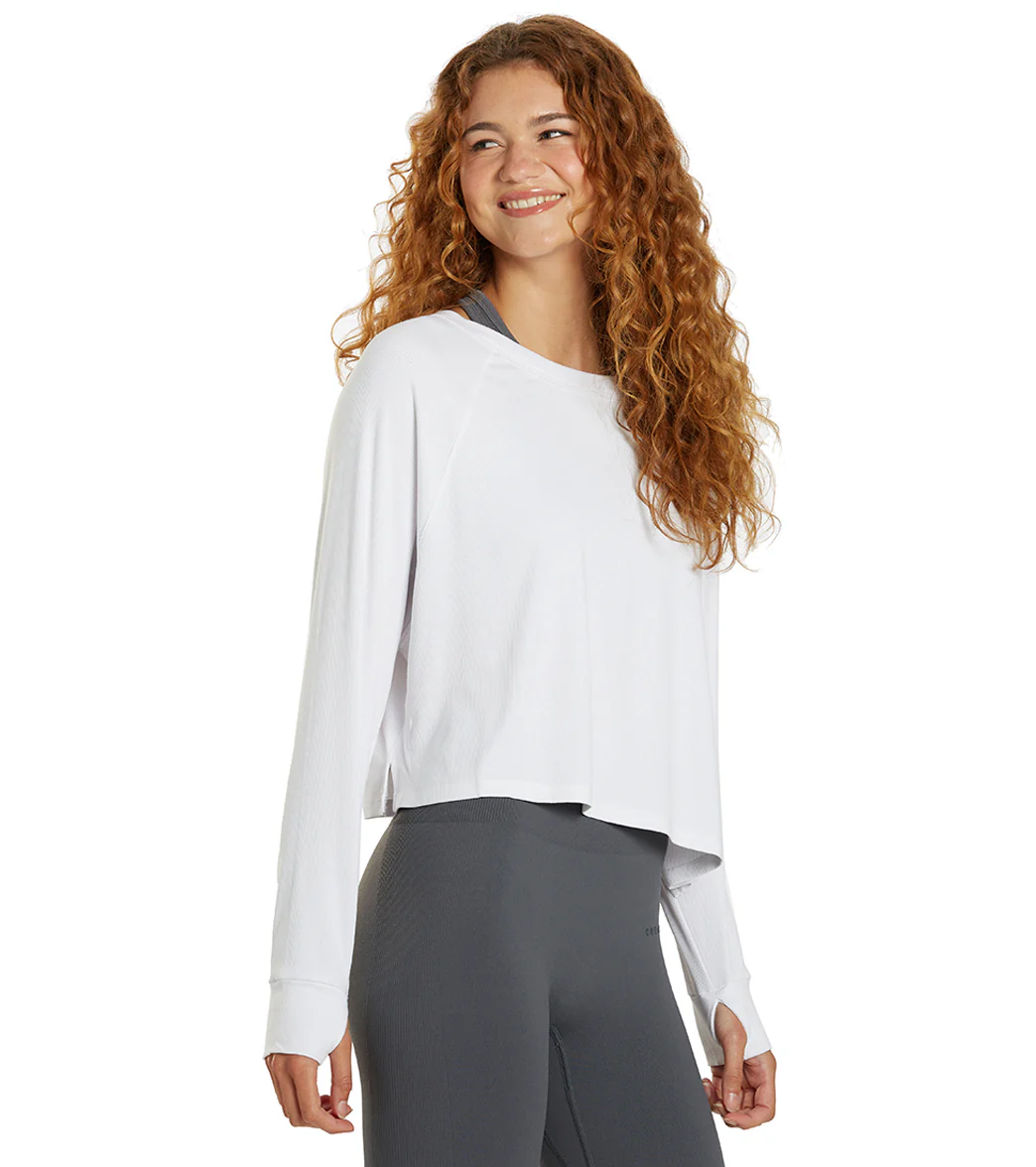 Cream Yoga Fare Drop Shoulder Crop LS Tee