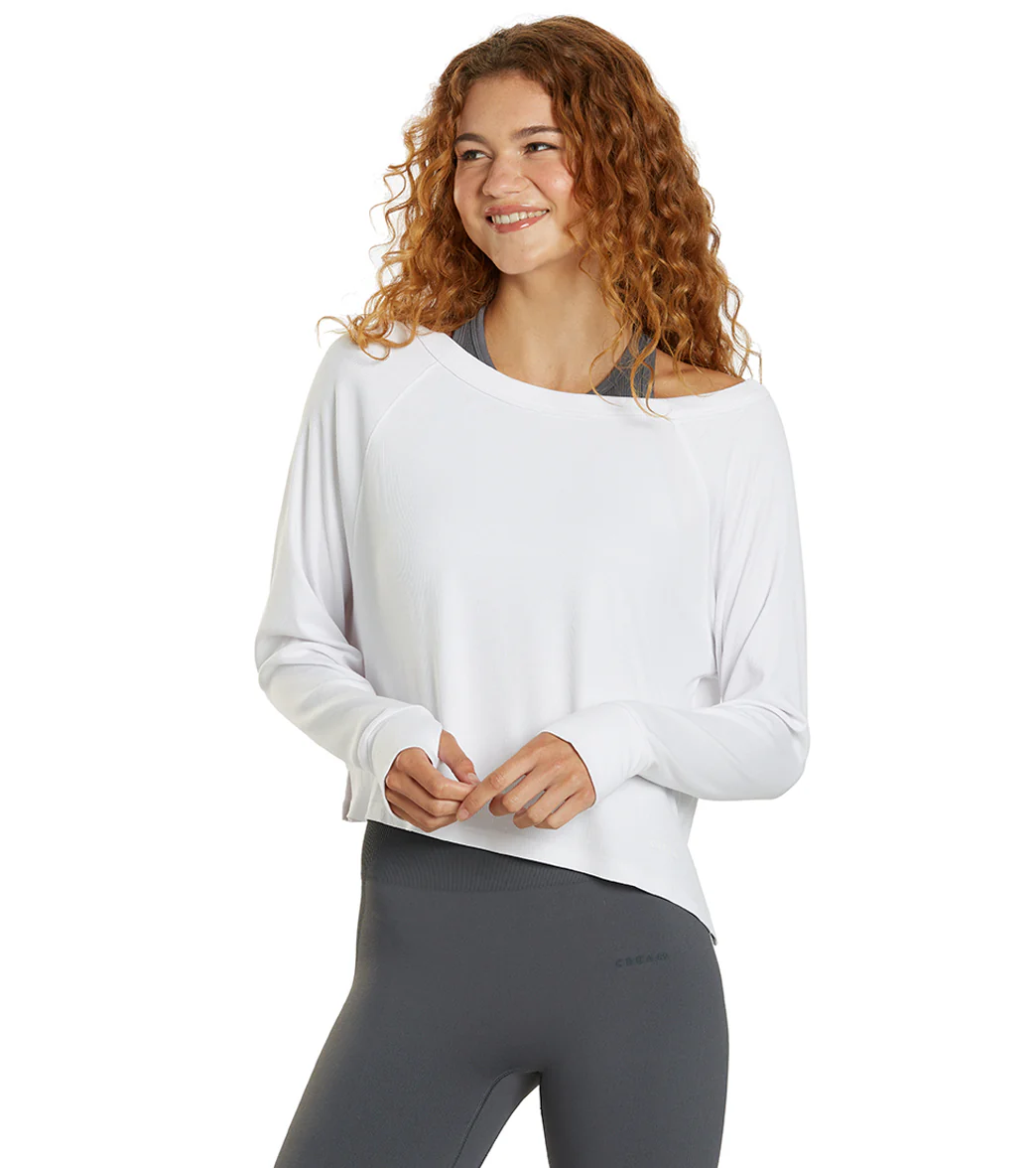 Cream Yoga Fare Drop Shoulder Crop LS Tee