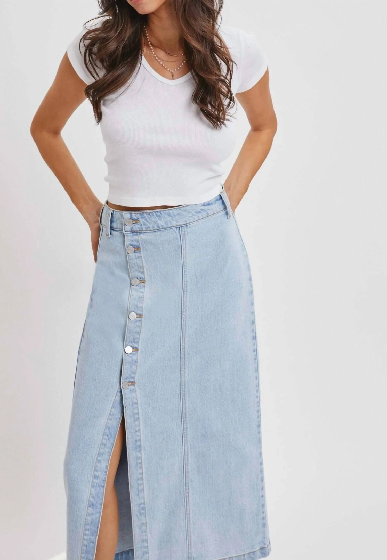 Sammy Denim Midi Skirt In Light Wash Denim