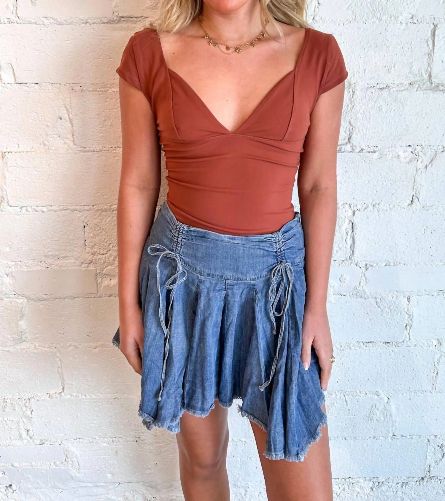 Ruched Tie Front Skirt In Denim