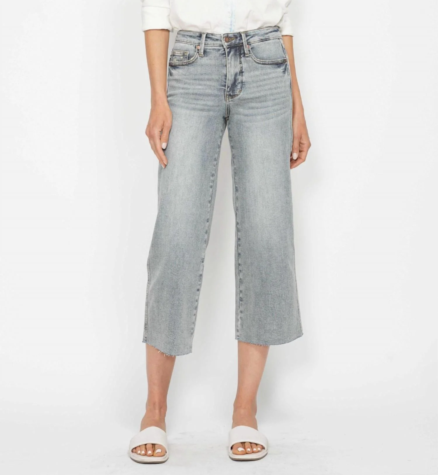 Tummy Control Crop Wide Leg Jeans In Light Grey
