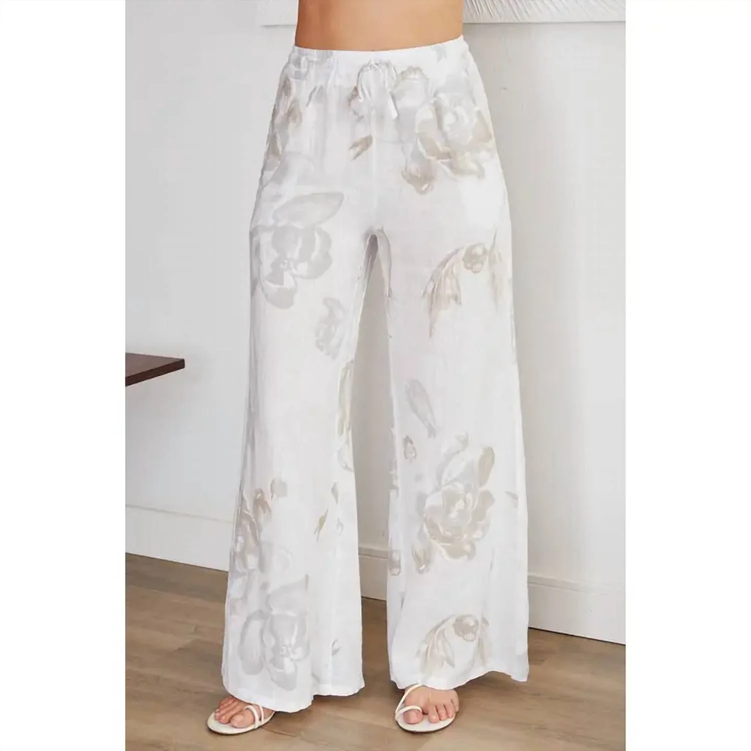 Pansy Floral Drawstring Linen Pants In White/beige