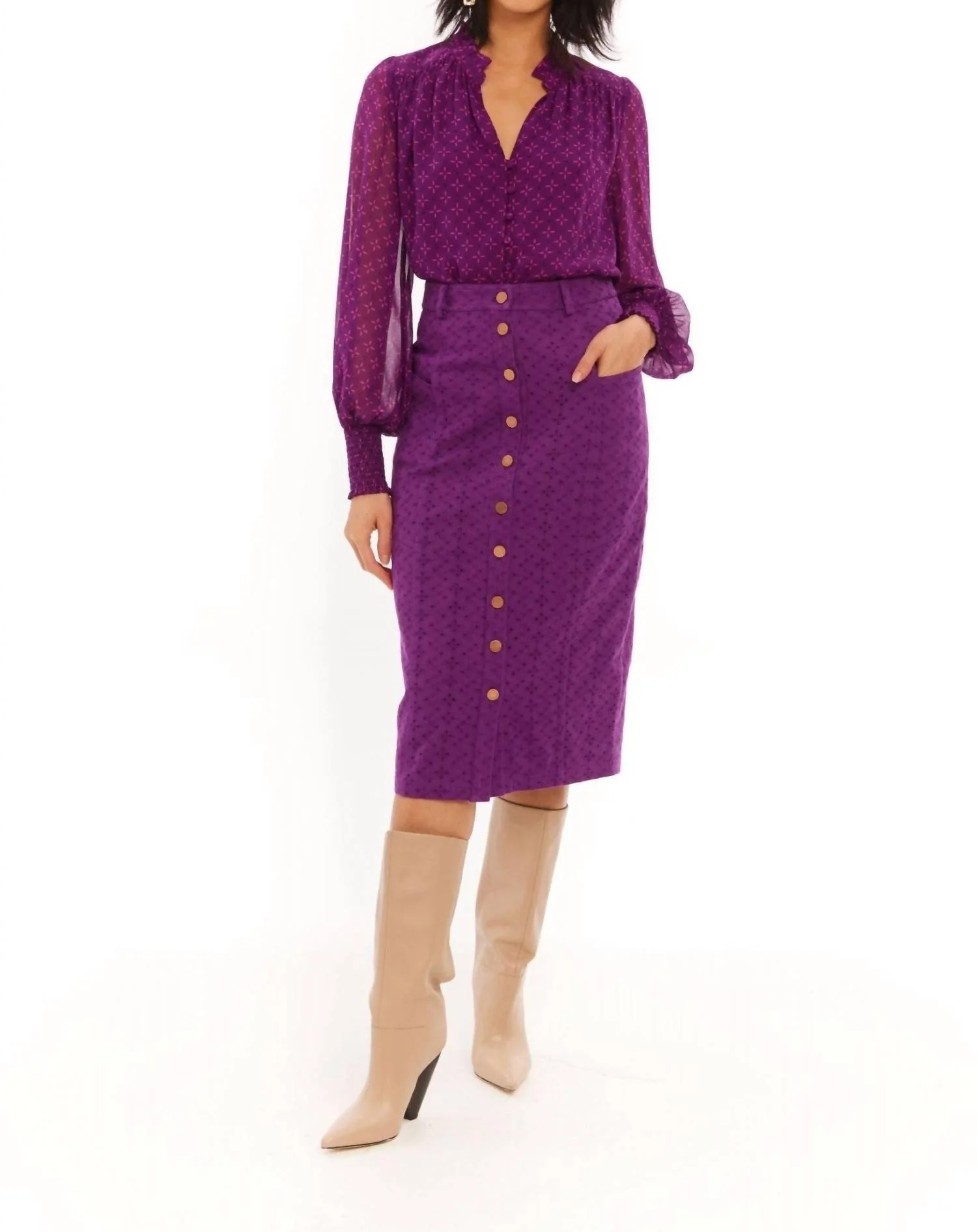 Eyelet Twill Amal Midi Skirt In Eggplant