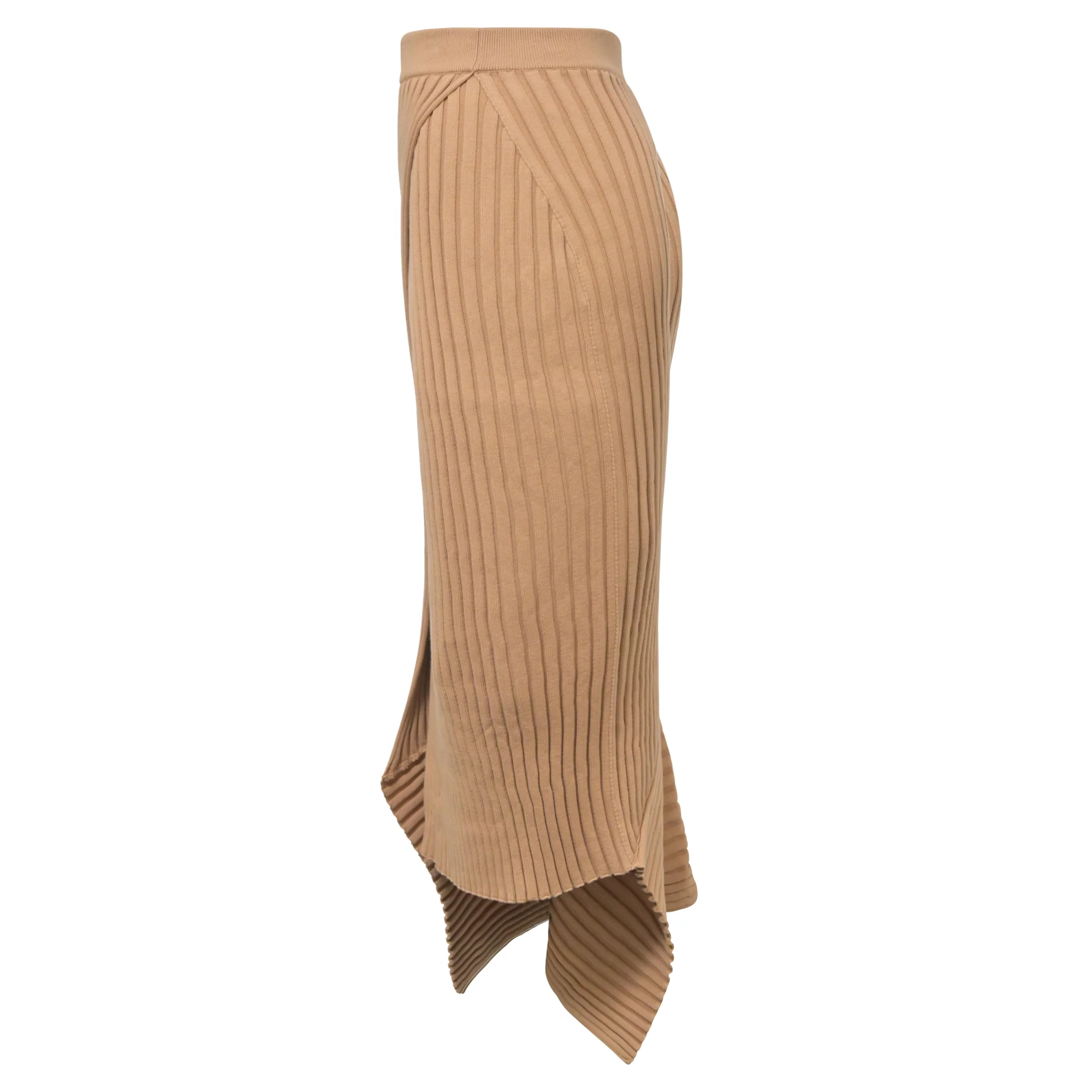 Stella McCartney Asymmetric Ribbed-Knit Midi Skirt in Tan Cotton