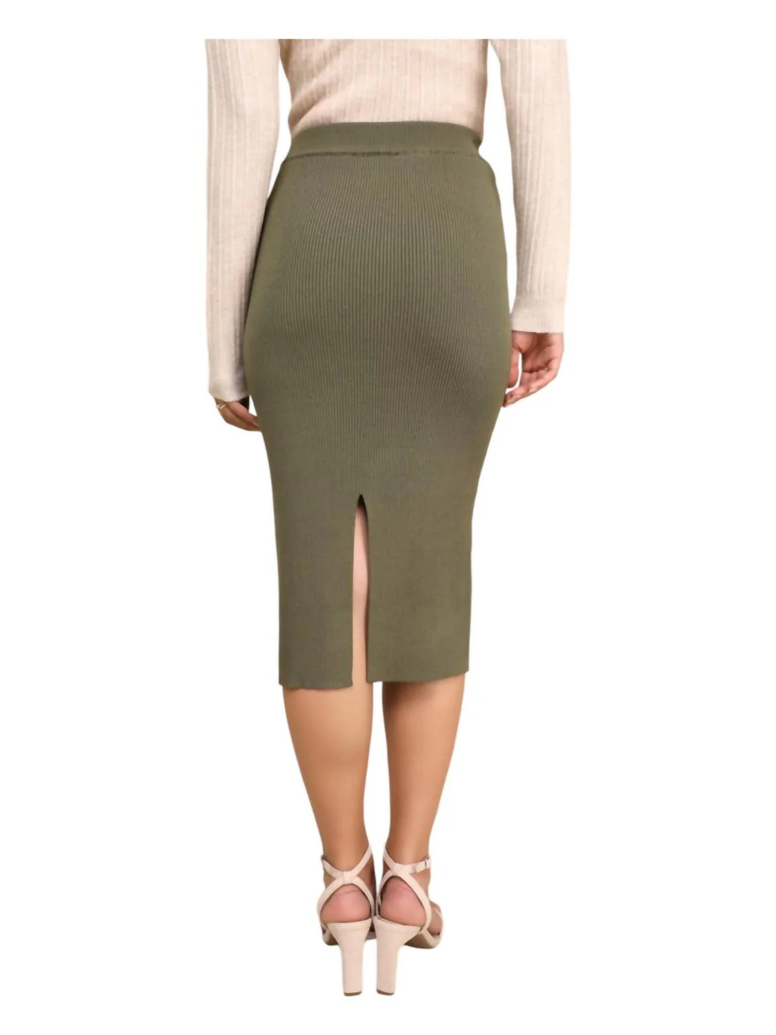 Thick Ribbed Midi Back Slit Sweater Skirt In Olive