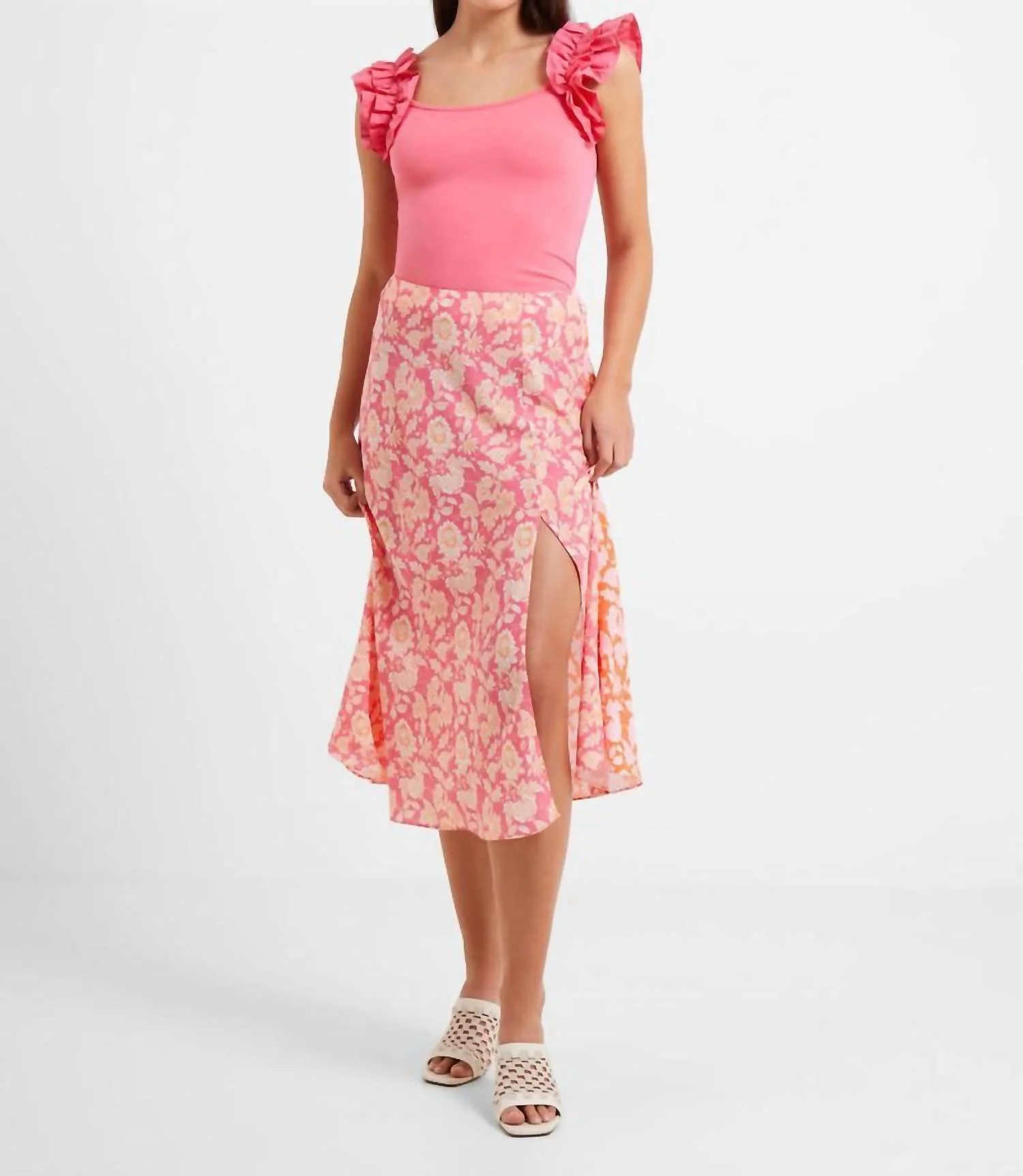 The Cosette Verona Slip Midi Skirt In Camellia Rose/ Mandarin Orange