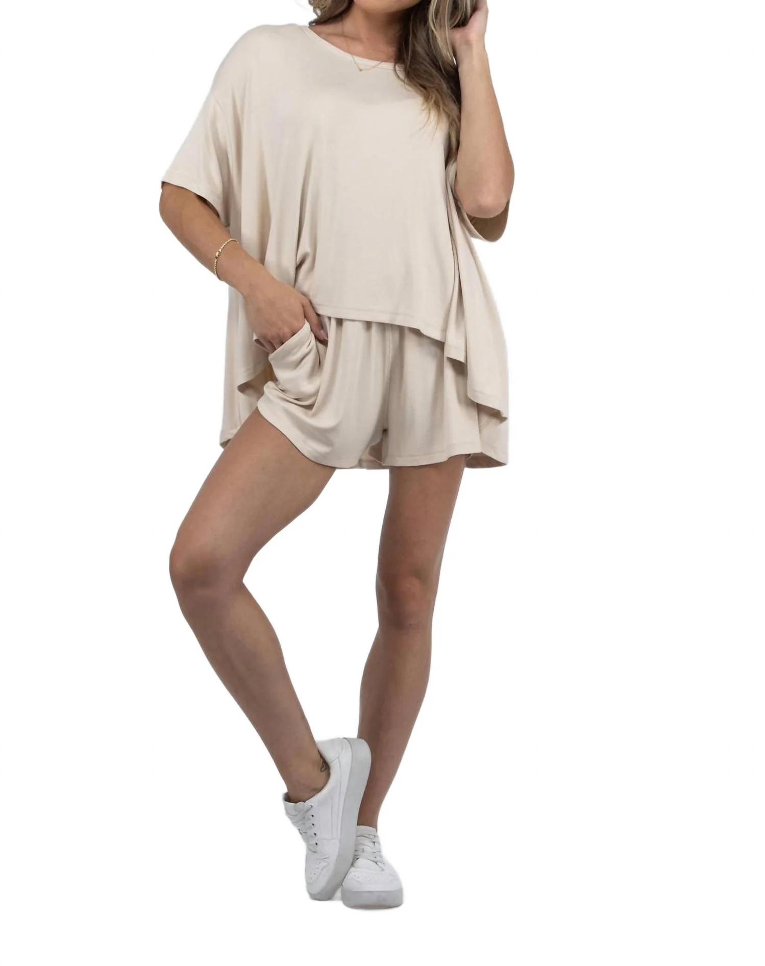 Movie Night Ribbed Loungewear Set In Beige