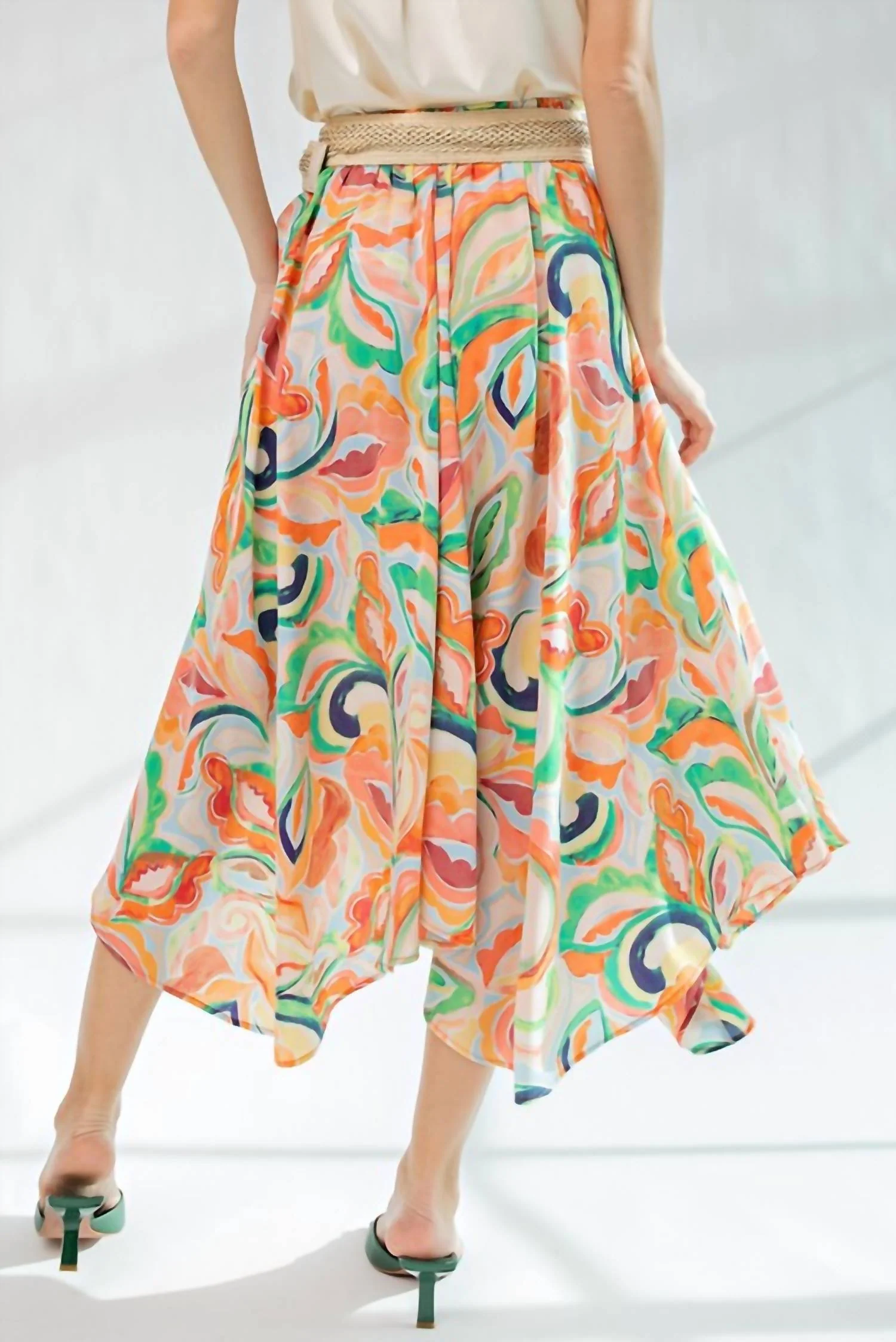 Marble Printed Dull Satin Skirt In Sunkist