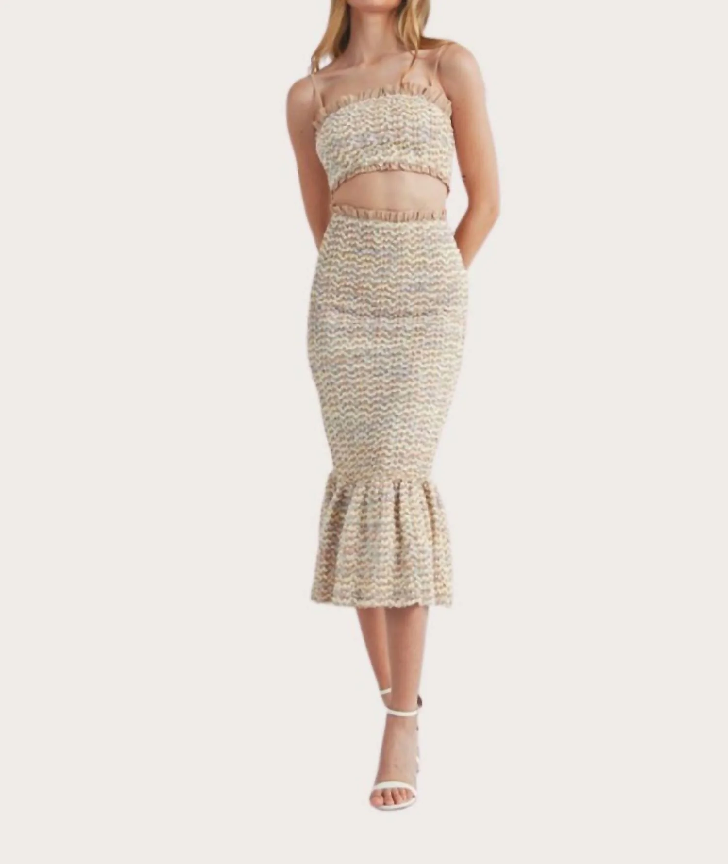 Smocked Ruffle Midi Skirt In Beige