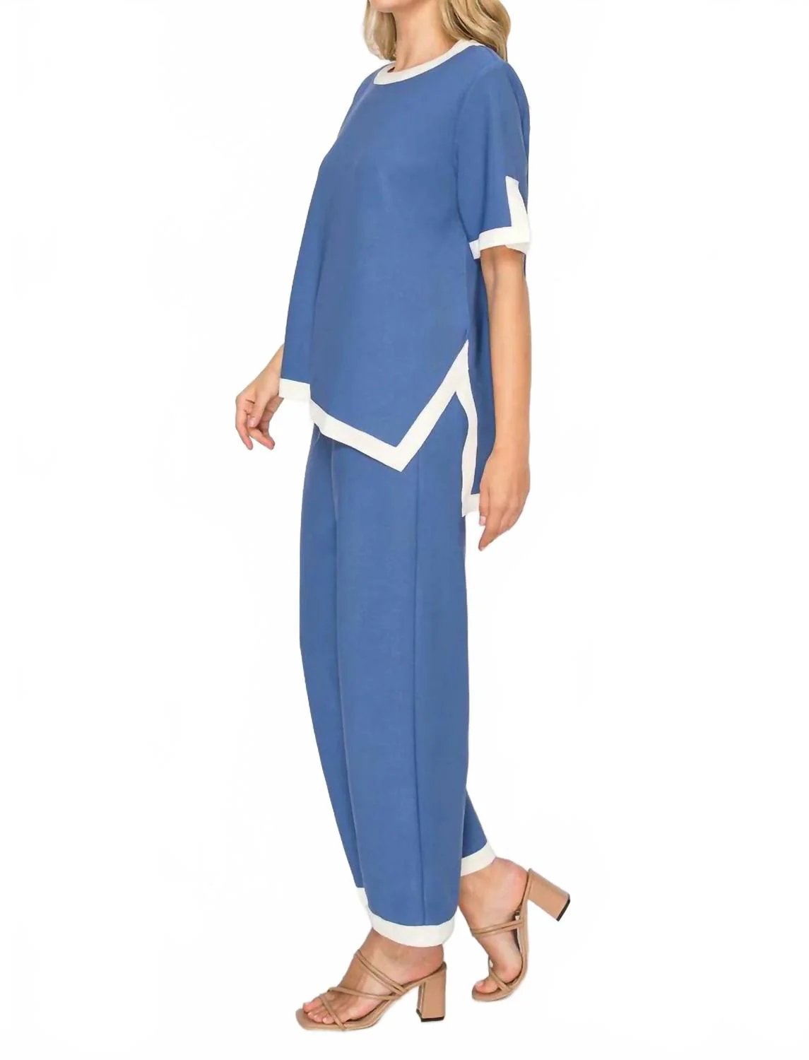 Crepe Top And Pants Knit Set In Blue