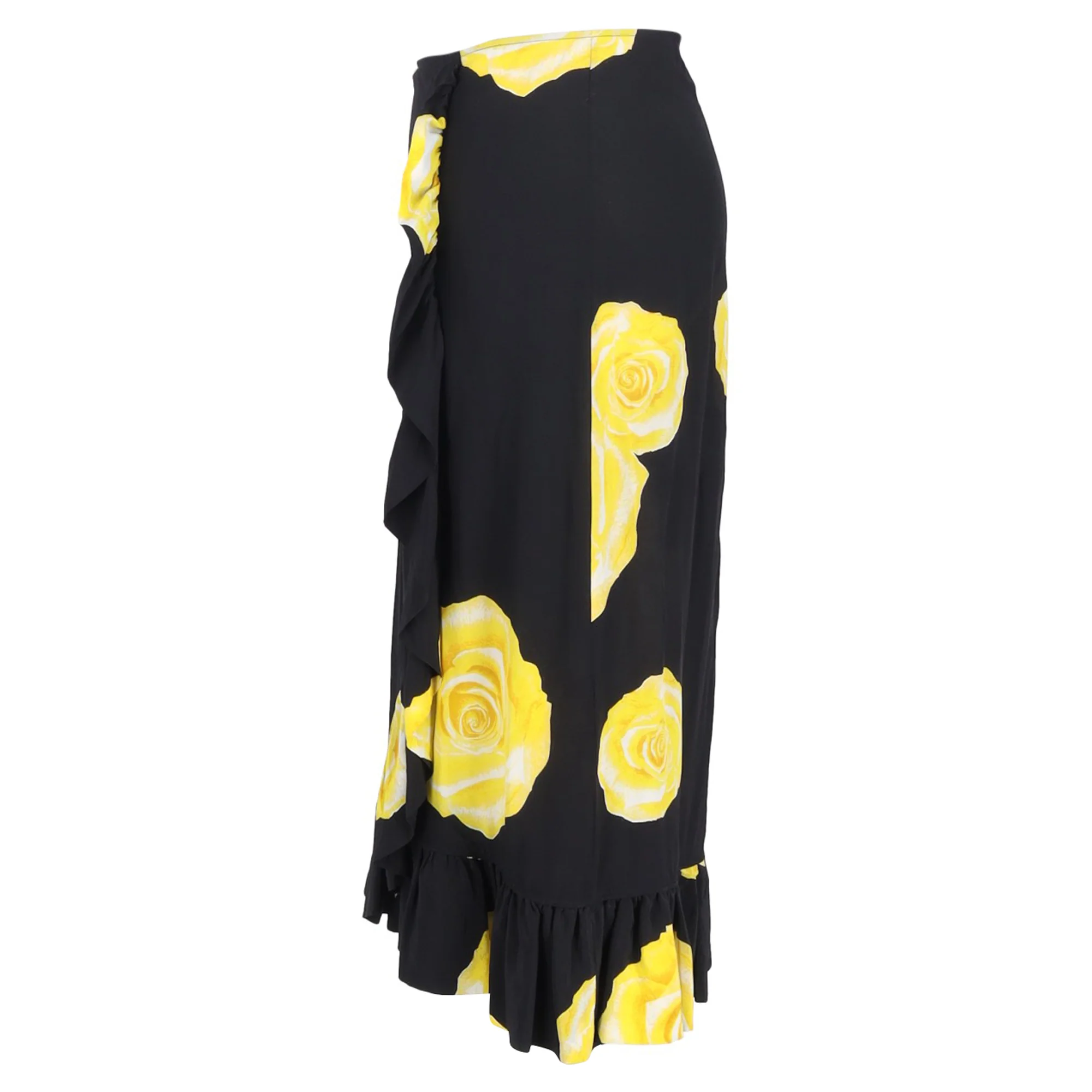 Ganni Floral Printed Midi ruffled Skirt in Black Silk