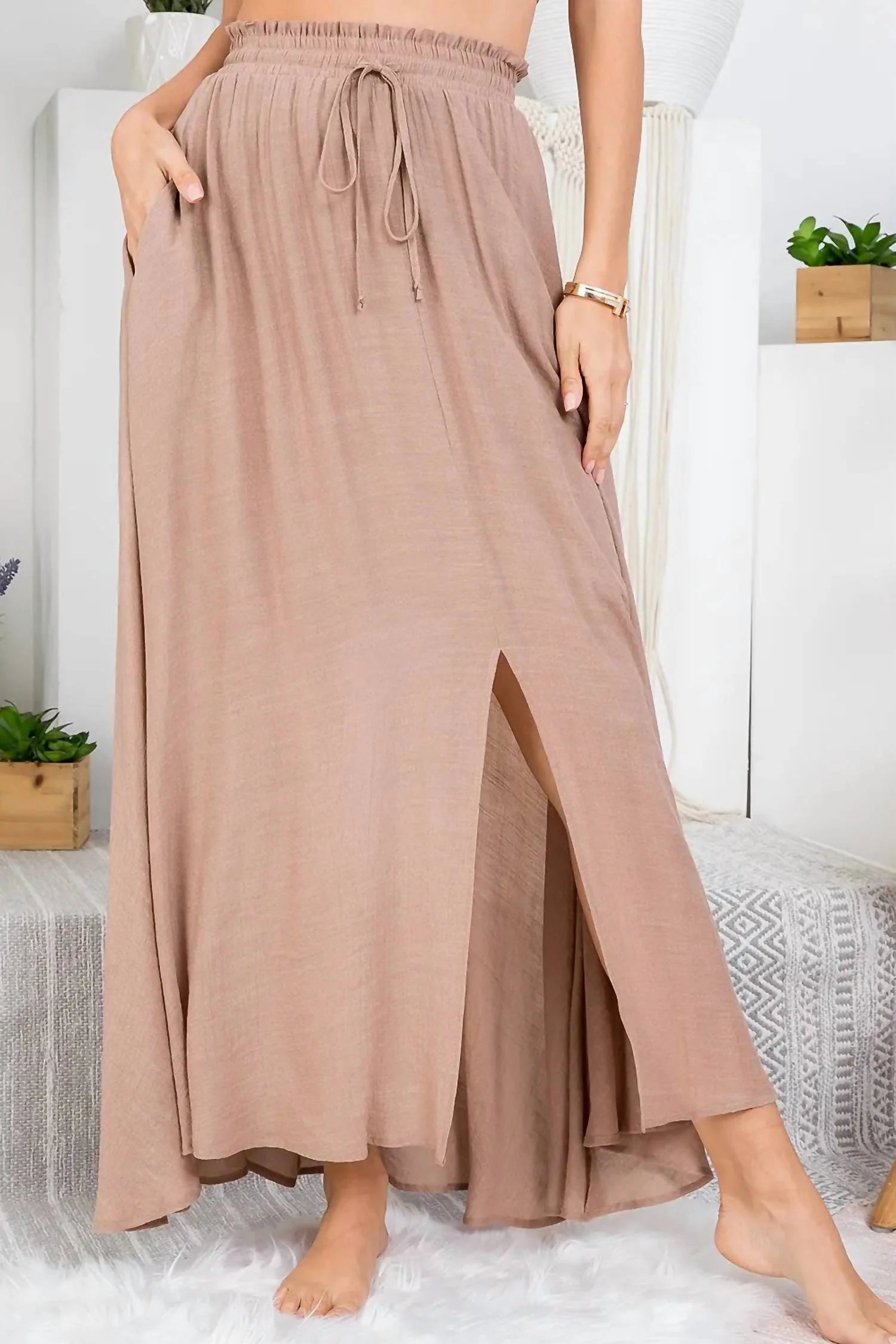 Curvy Smocked Drawstring Maxi Skirt In Mocha