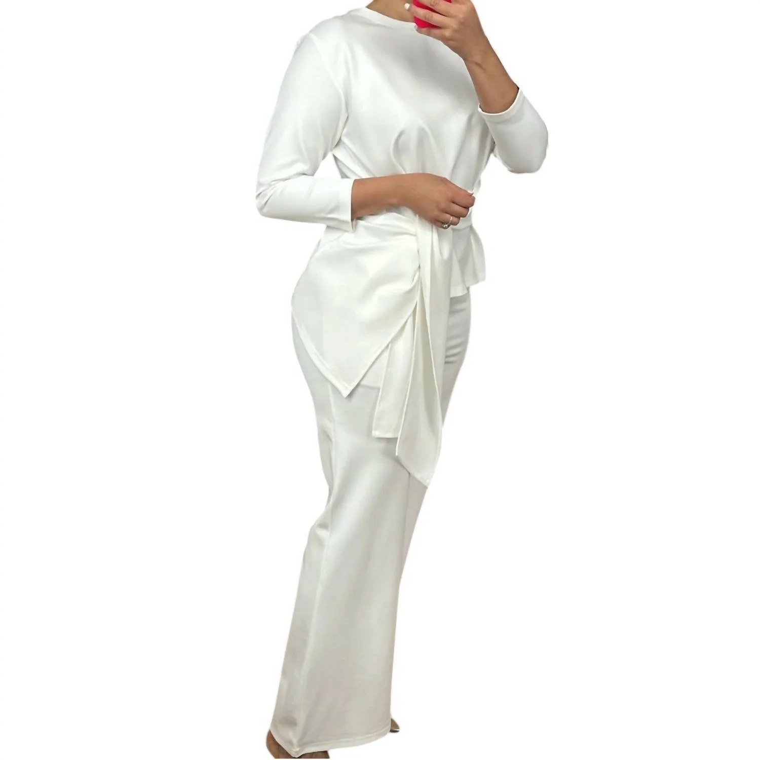 Tie-Front Top & Wide Leg Pant Set In White