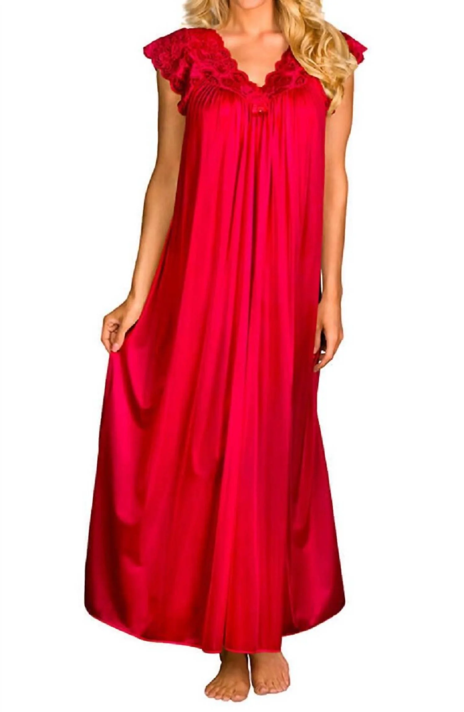 Long Lace Cap Sleeve Nightgown In Red