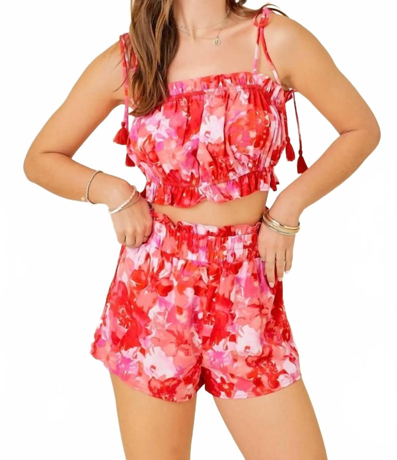 Chasity Floral Short Set In Red/pink