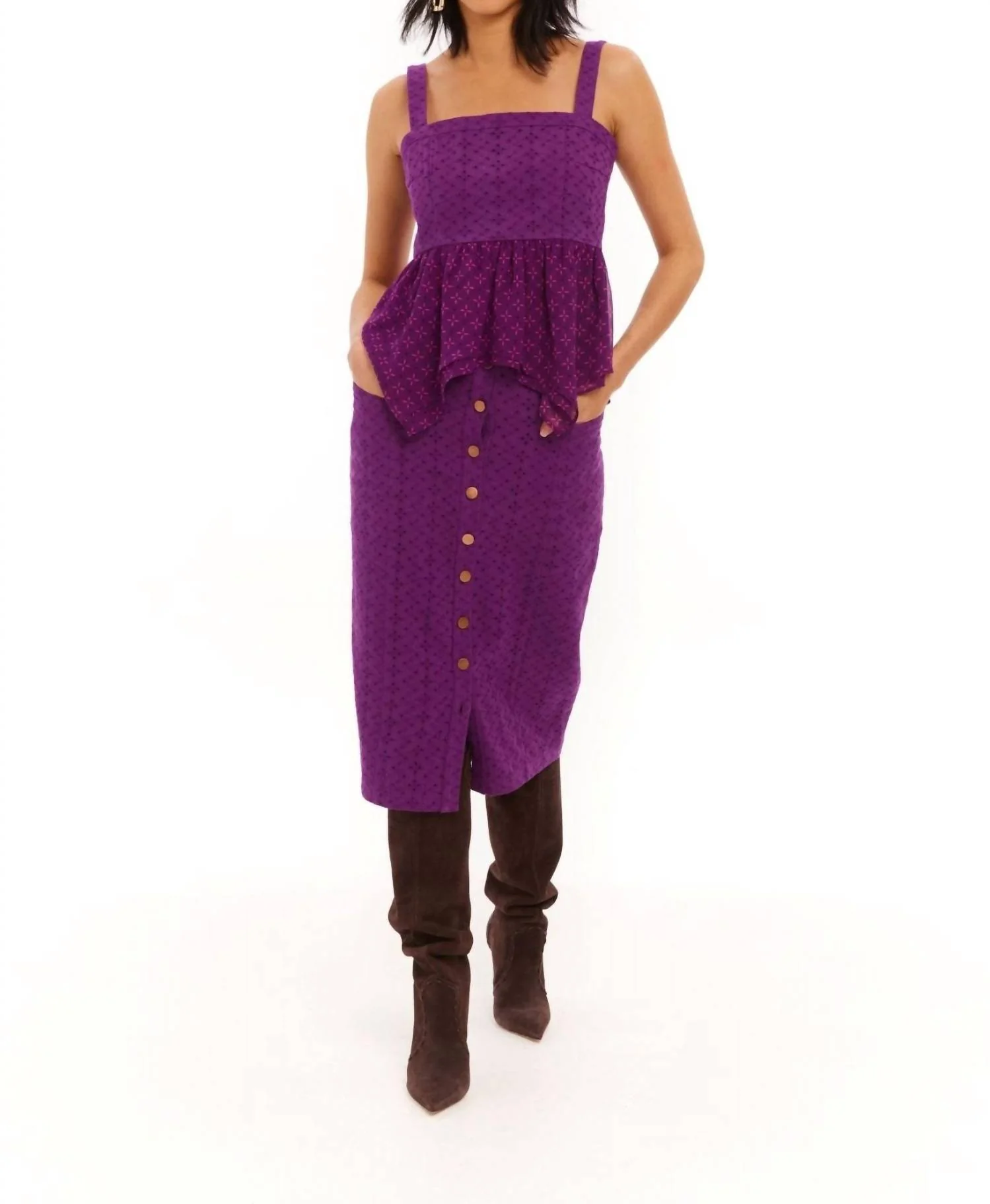 Eyelet Twill Amal Midi Skirt In Eggplant