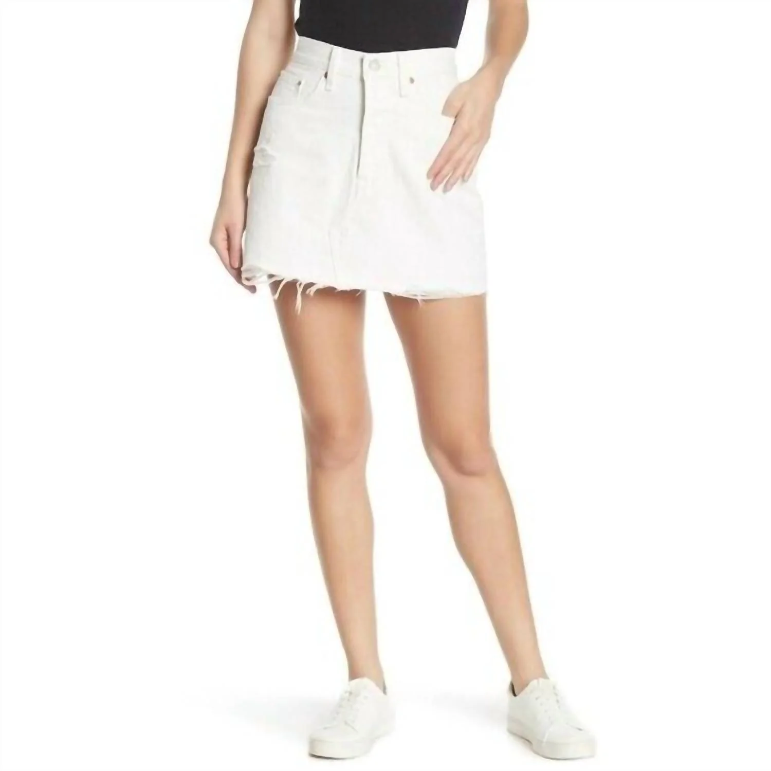 Distressed Raw Hem Cotton Mini Skirt In White