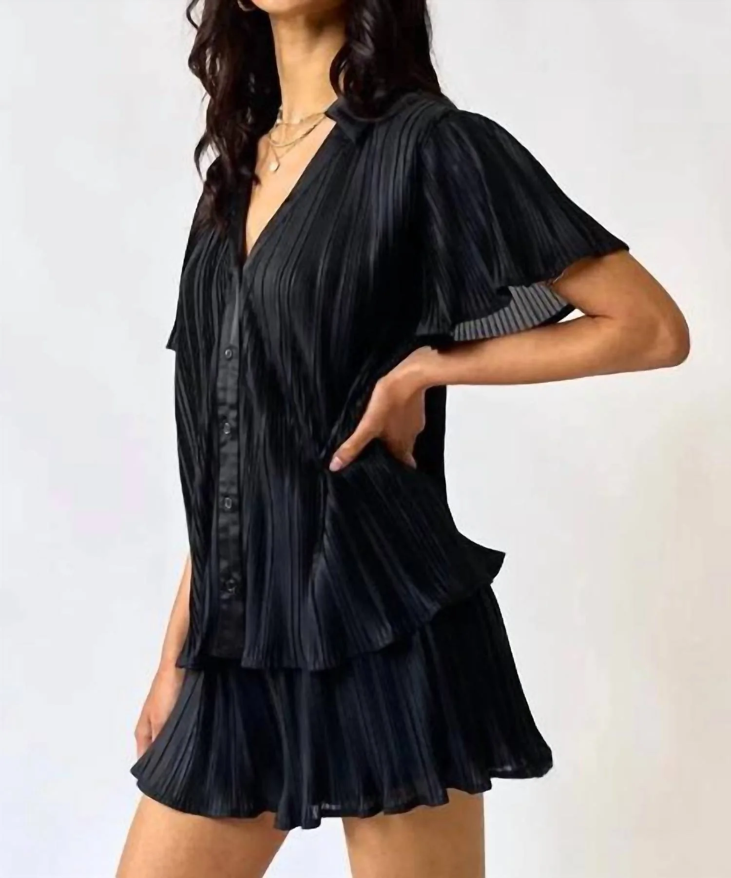 Brandy Pleated Shirt Top & Shorts Set In Black