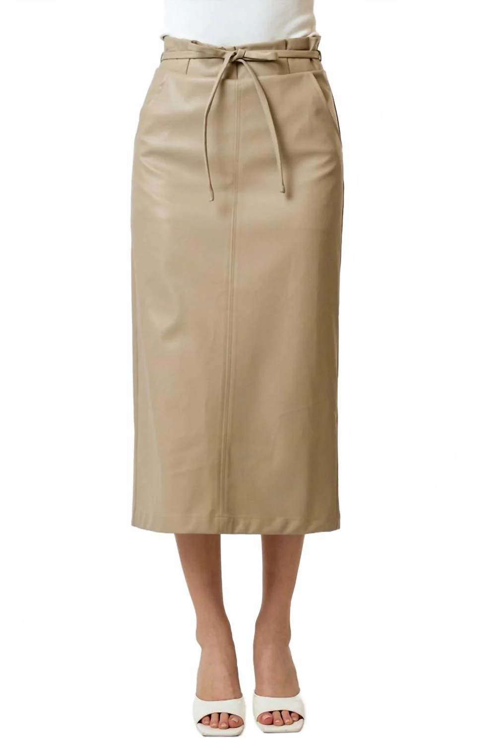 Polyurethane Leather Waist Tie Midi Skirt In Taupe