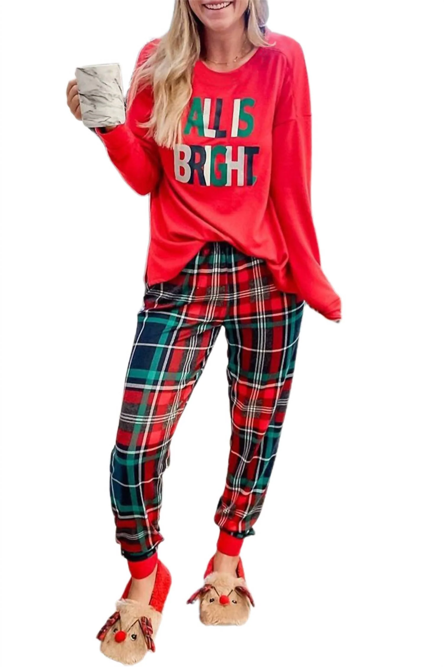 All Is Bright Holiday Pajama Set In Red/plaid