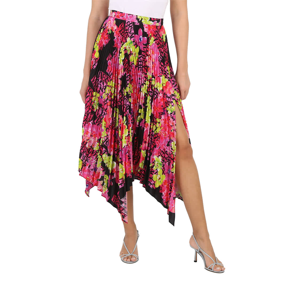 Versace Orchid Print Pleated Crepe De Chine Midi Skirt